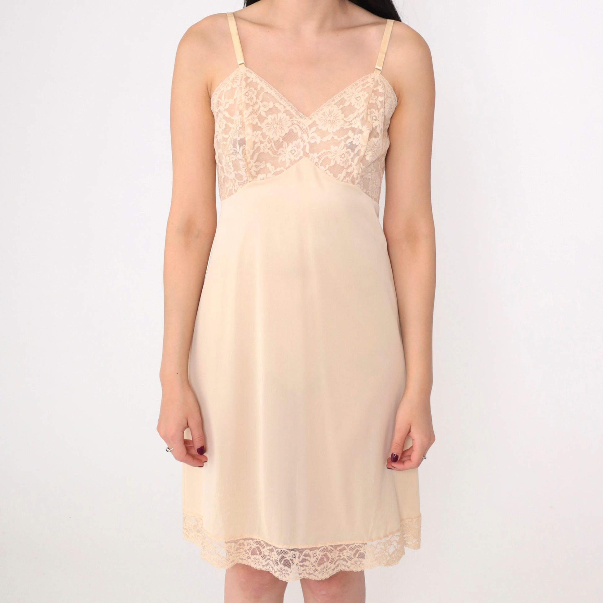 70s Vanity Fair Beige Lace Slip Dress Empire Waist Mini Small