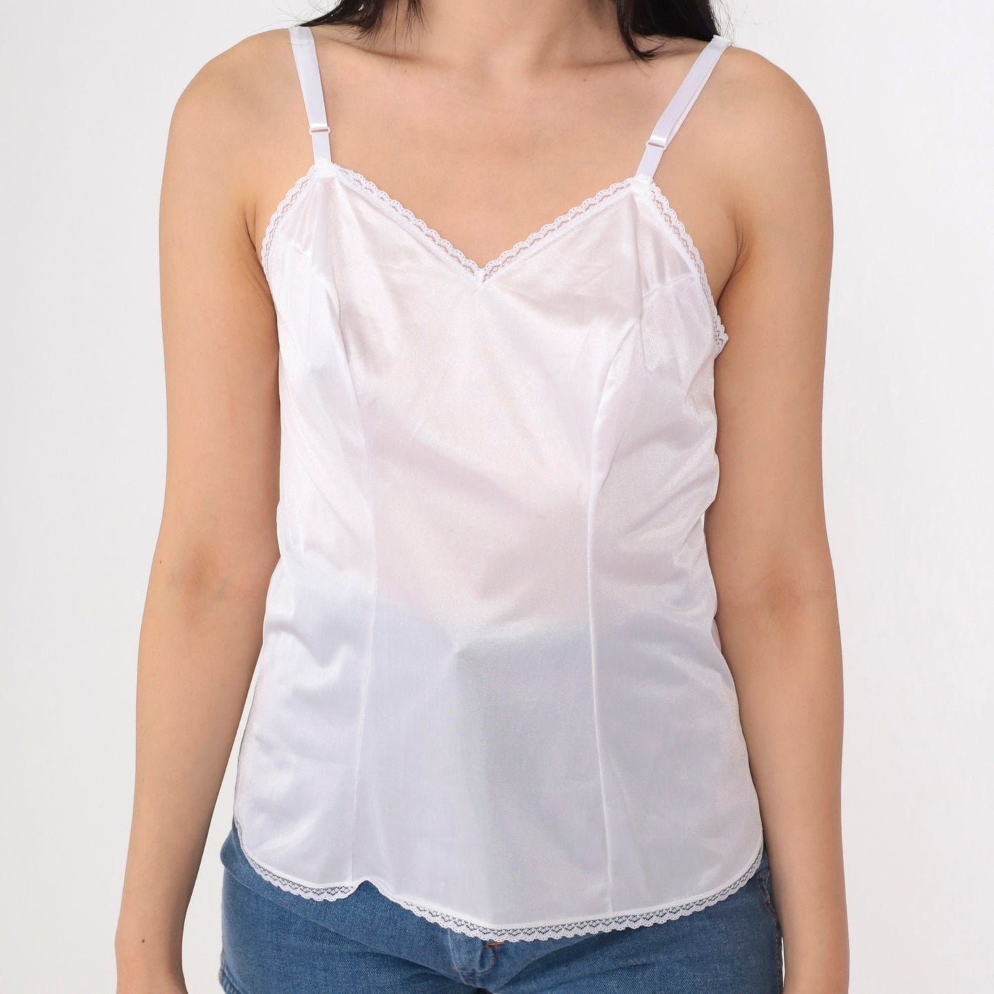 90s Vanity Fair White Camisole Lace Trim V-Neck Nylon Small