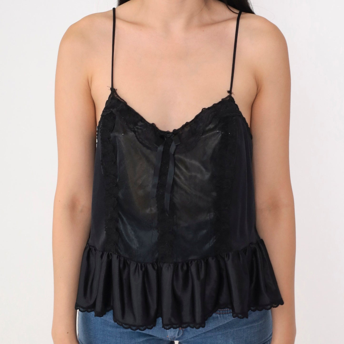 90s Black Lace Trim Camisole Tank Top Floral Ruffle Flounce Medium M