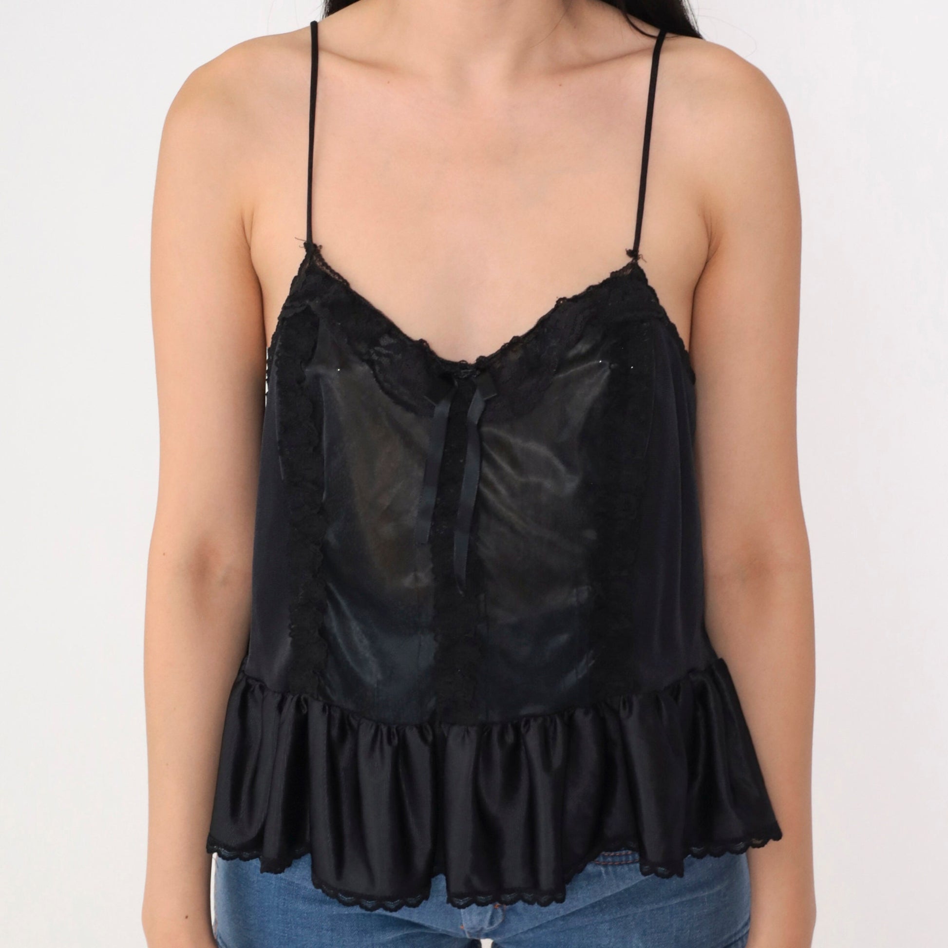 90s Black Lace Trim Camisole Tank Top Floral Ruffle Flounce Medium M