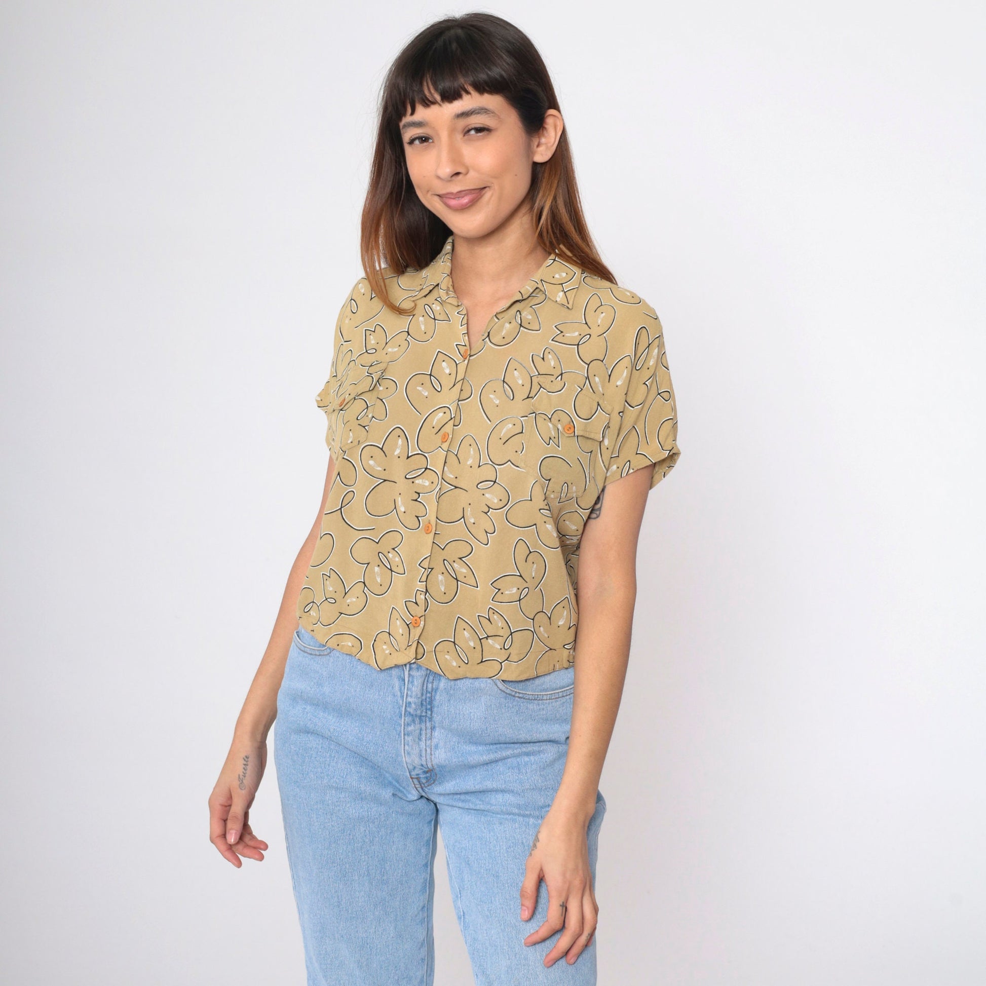 90s Abstract Floral Button-Up Blouse Mustard Short Sleeve Medium