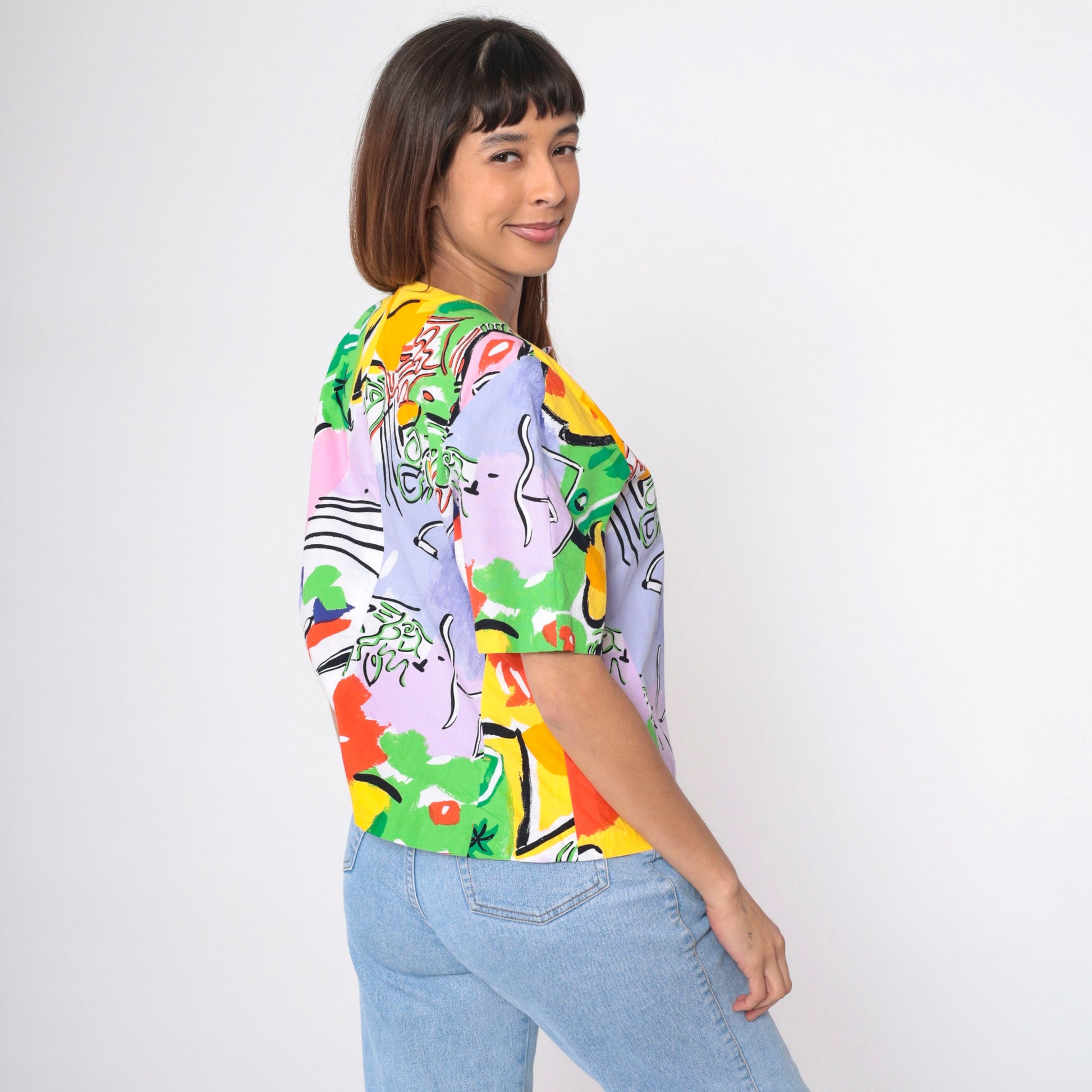 90s Abstract Tropical Button-Up Blouse Multicolor Geometric Print Medium