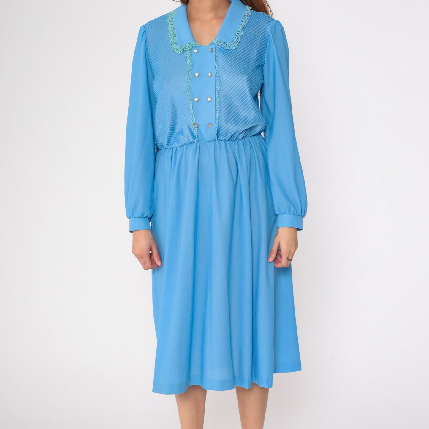 70s Blue Midi Shirtdress Pintuck Lace Trim Puff Sleeve High Waist Medium