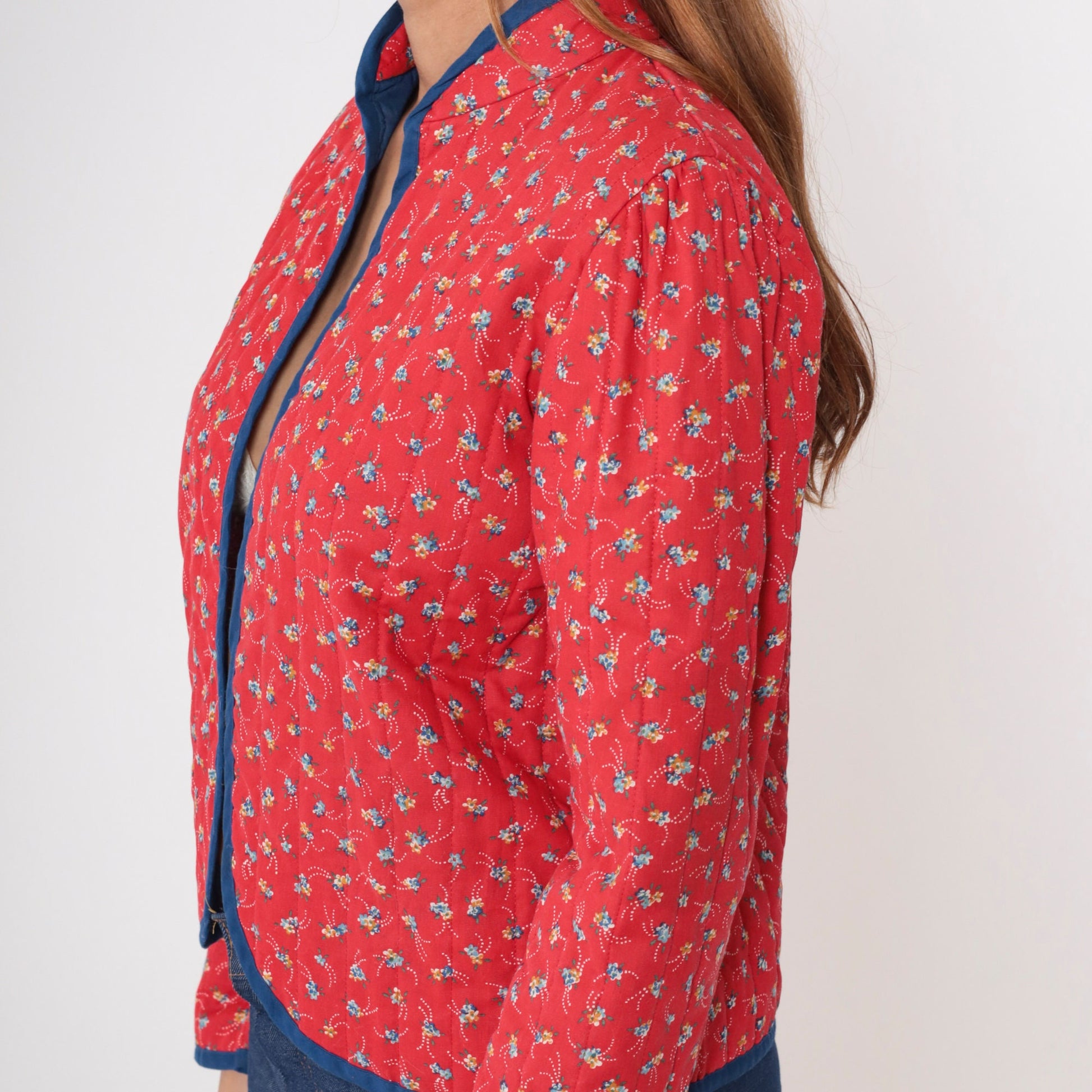 70s Fritzi Quilted Jacket Red Calico Floral Puff Sleeve Mandarin Collar Medium
