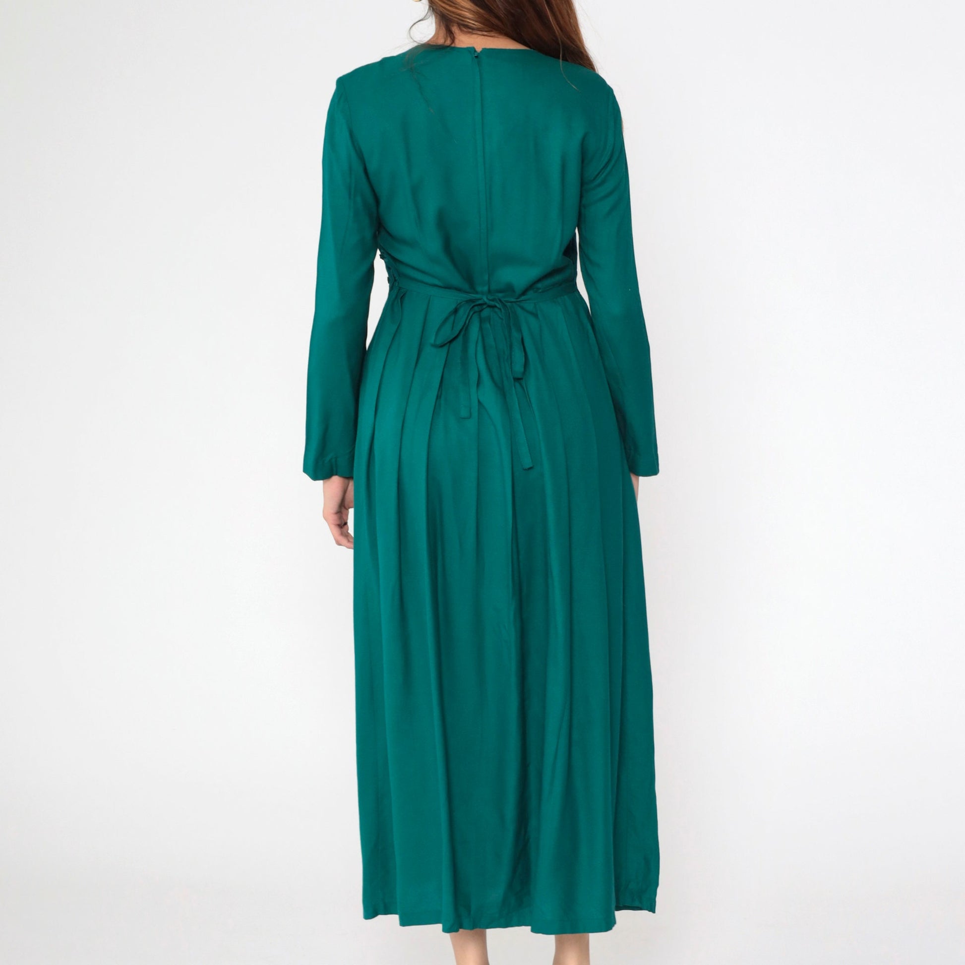90s Green Floral Embroidered Maxi Dress Long Sleeve Star Buttons Small 6