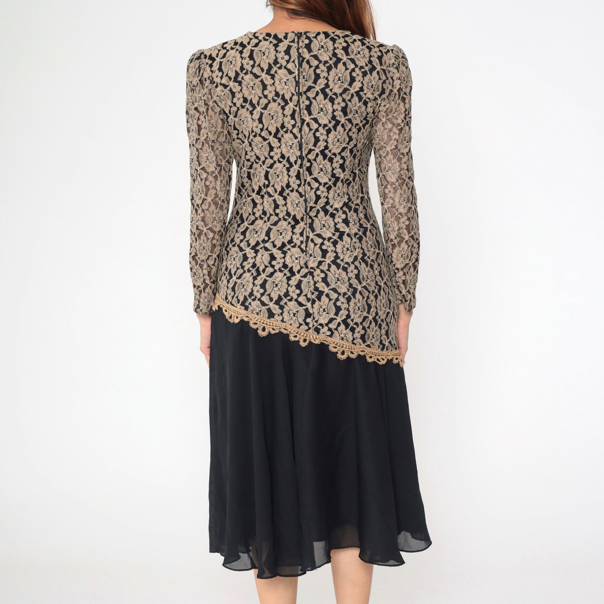 80s Black Tan Lace Chiffon Midi Dress Puff Sleeve Drop Waist Medium