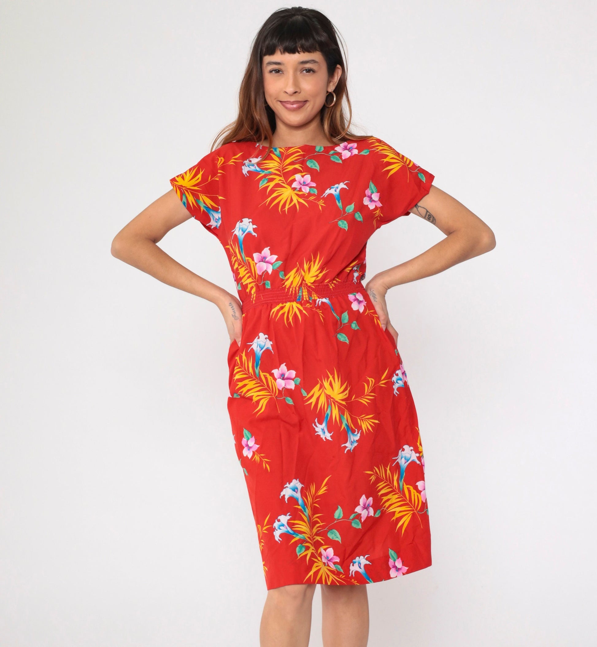 80s Hilo Hatties Tropical Floral Midi Dress Red High Waist Short Sleeve Small Medium