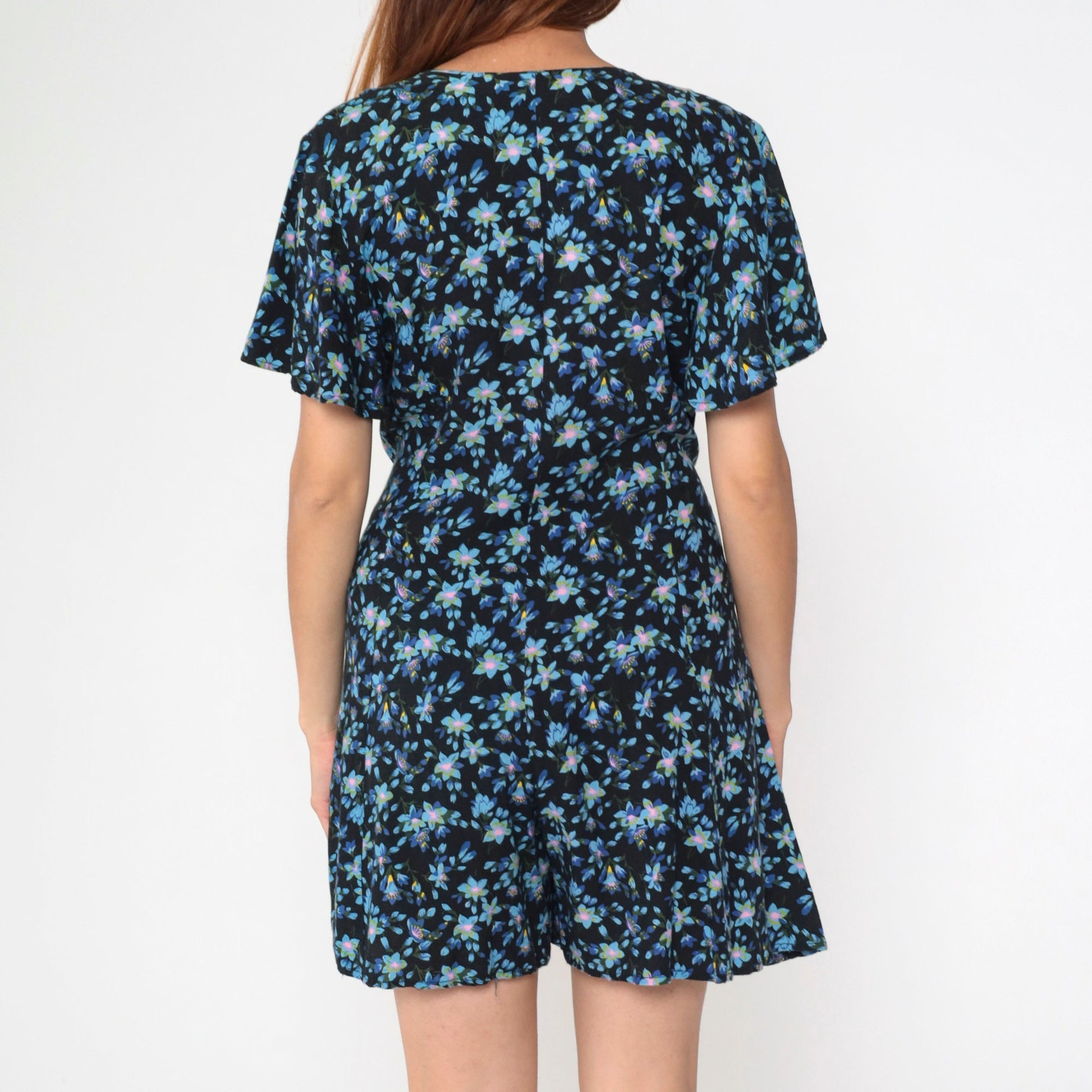 90s Lauren Brooke Floral Romper Black Blue Button Up Wide Leg Medium