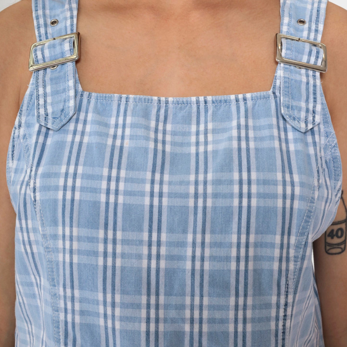 90s Blue Plaid Jumper Dress Mini Sleeveless Buckle Strap Pinafore Medium