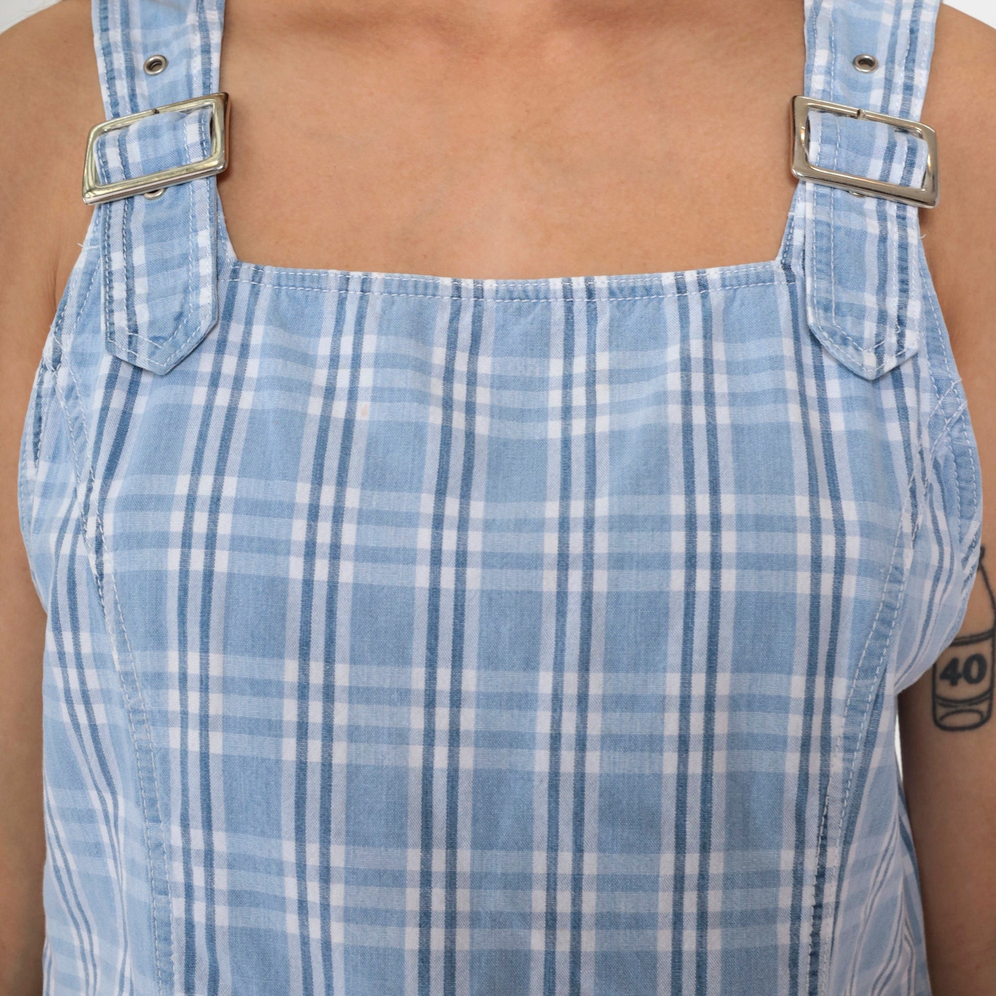 90s Blue Plaid Jumper Dress Mini Sleeveless Buckle Strap Pinafore Medium
