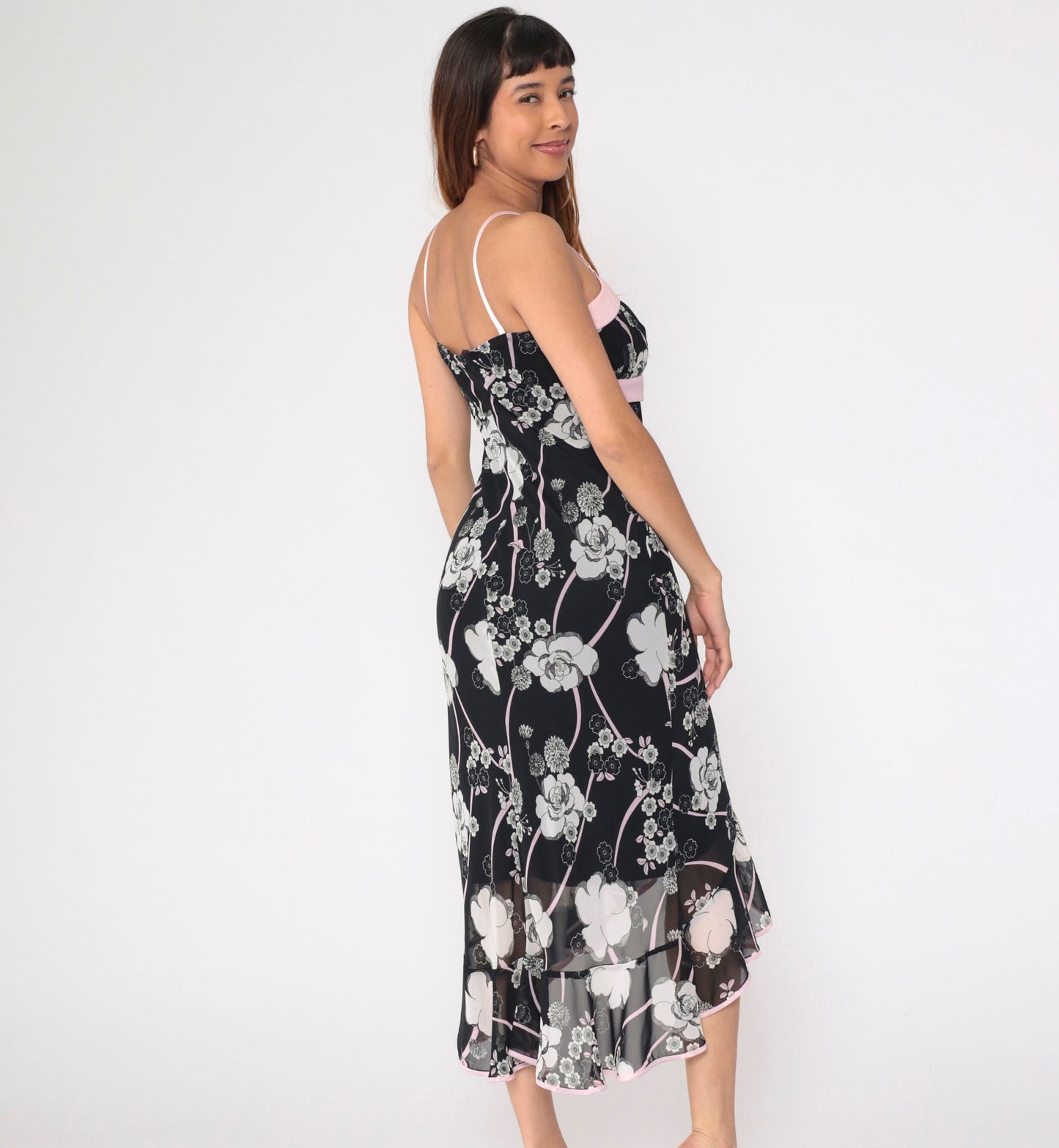 00s Black Floral Midi Sundress Baby Pink Bow Empire Waist Spaghetti Strap Medium
