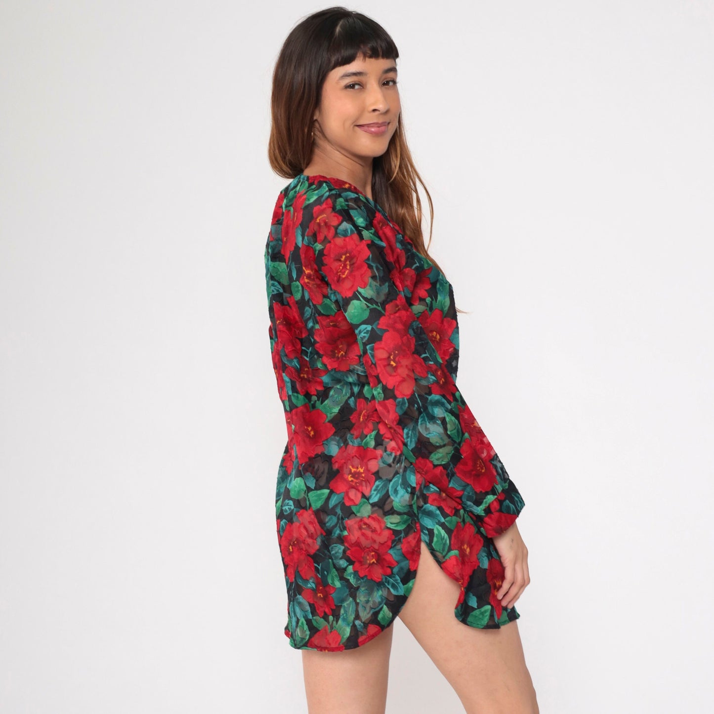 90s Victoria's Secret Floral Burnout Nightgown Long Sleeve Button Up Mini Red Small