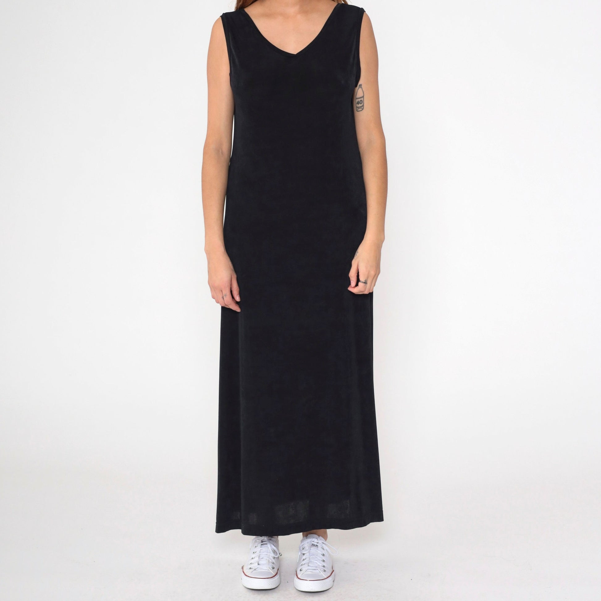 90s Black Maxi Dress V-Neck Sleeveless Column Cut Pullover Medium M