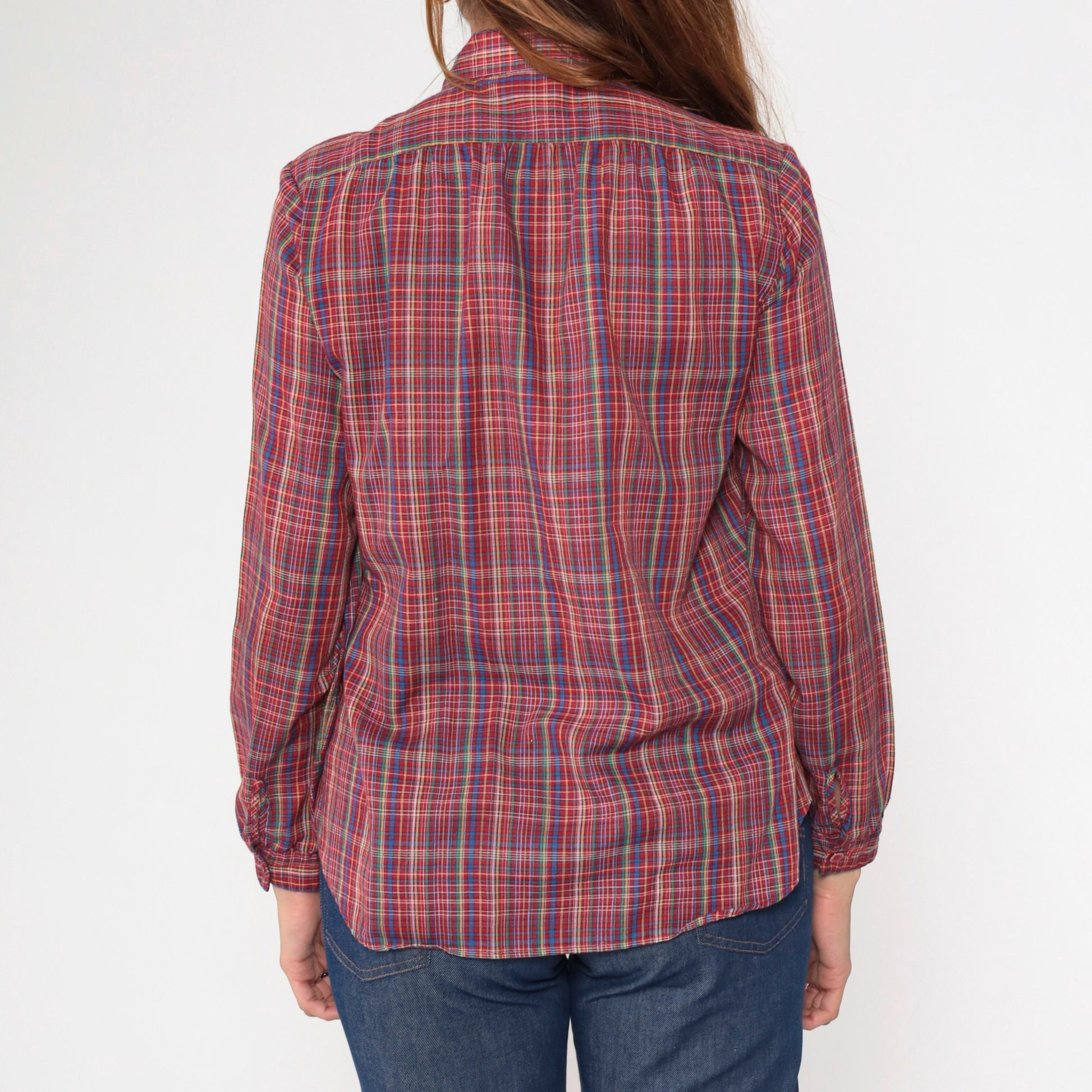 70s Plaid Button-Up Shirt Multicolored Tartan Collared Long Sleeve Small S