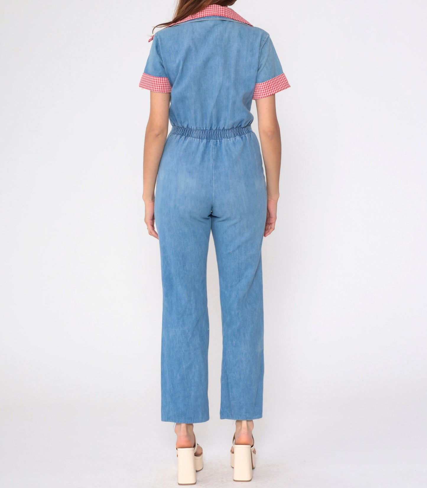 70s Blue Denim Jumpsuit Red Gingham Collar Short Sleeve Straight Leg Small