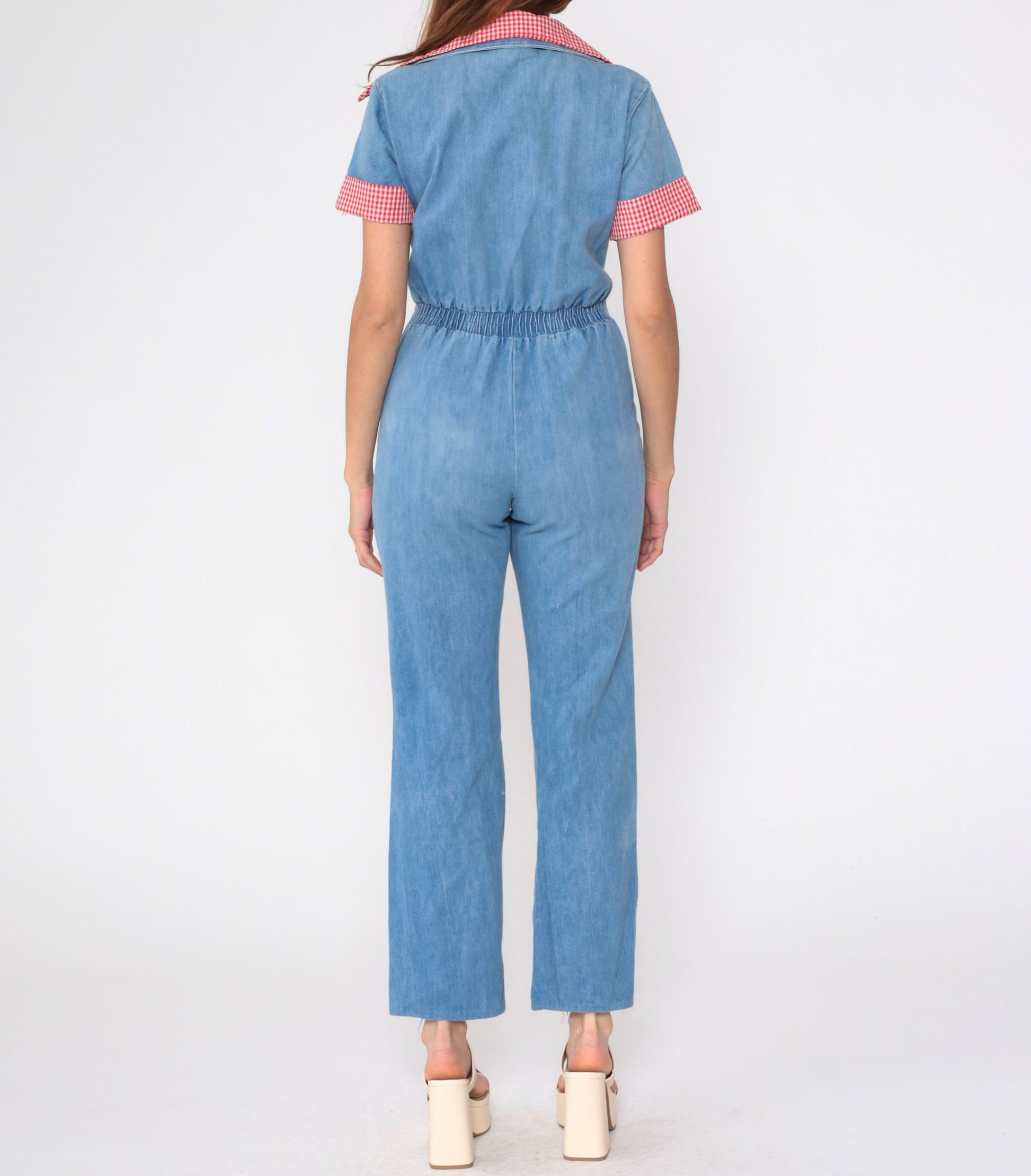 70s Blue Denim Jumpsuit Red Gingham Collar Short Sleeve Straight Leg Small