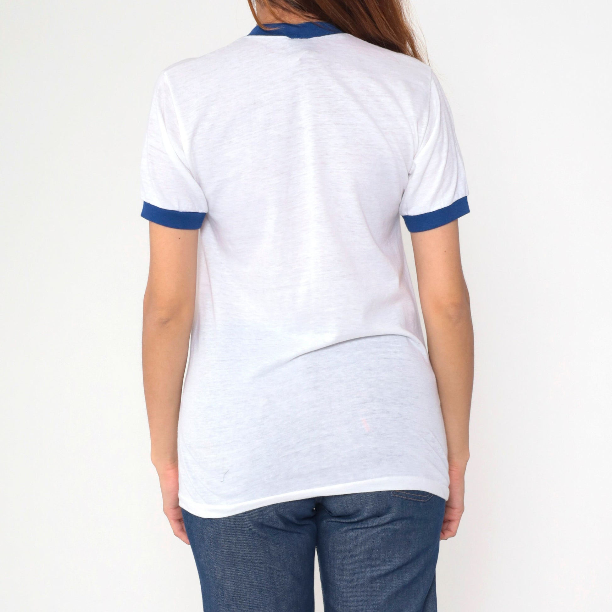80s KC Sportswear Ringer Tee Margot Blue Weenie Graphic Joke Shirt Small