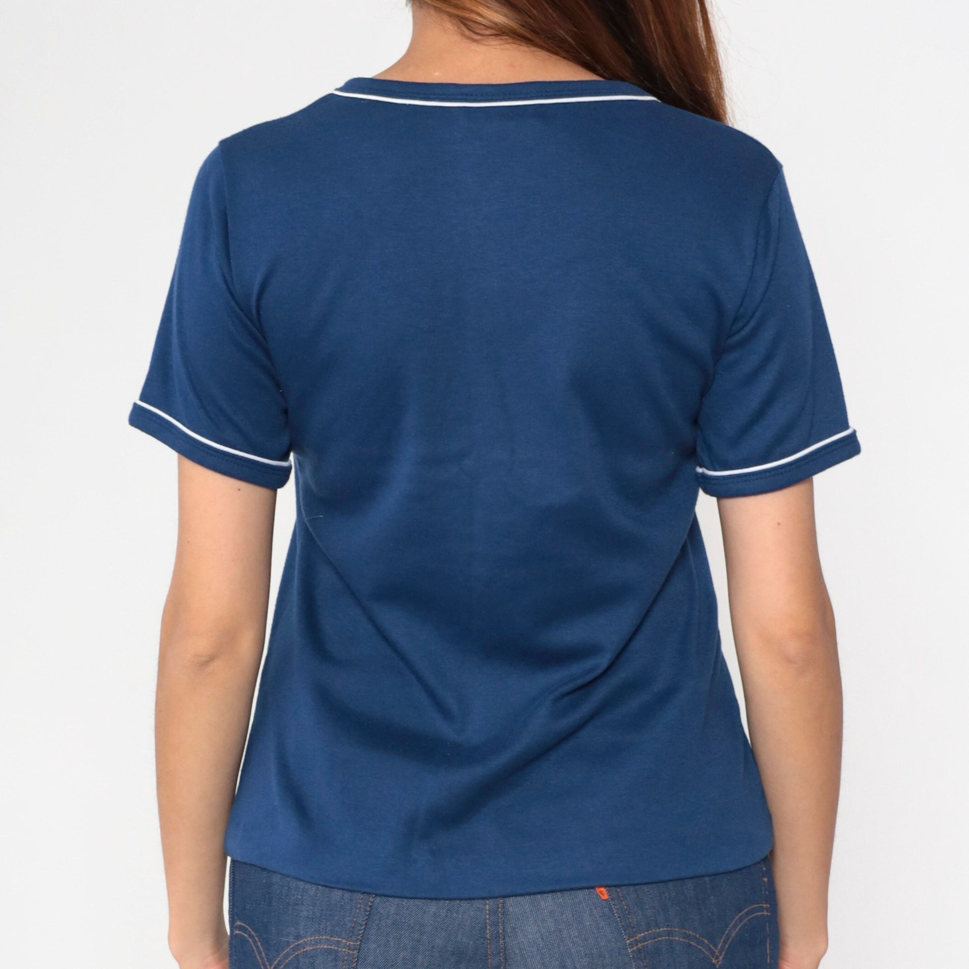 80s Navy Anchor Embroidered Ringer T-Shirt White Trim Small