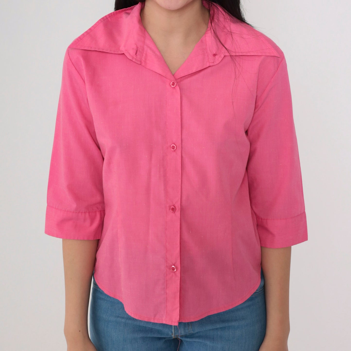 70s Bright Pink Wing Collar Button-Up Blouse 3/4 Sleeve Small