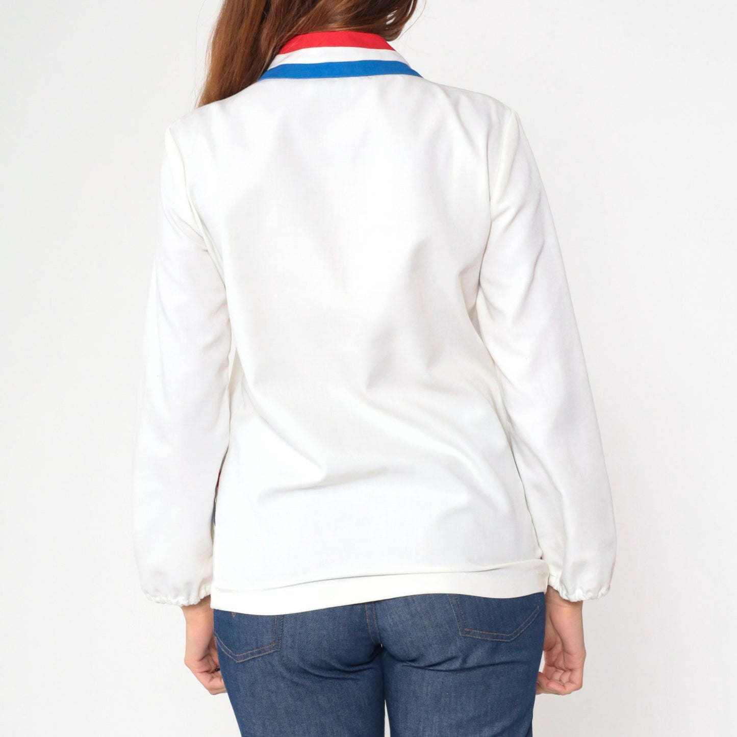 70s Striped Track Jacket White Red Blue Ringer Zip Up Mock Neck Small