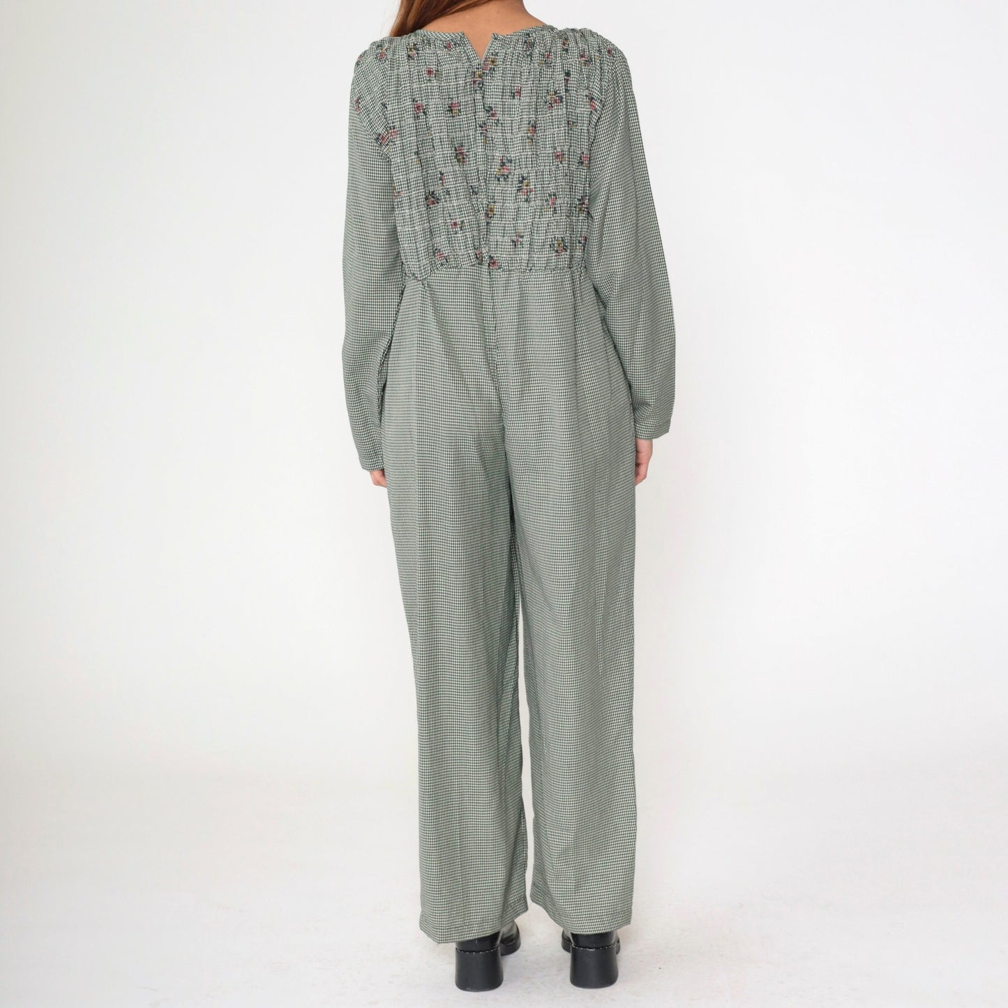 90s Gingham Smocked Floral Jumpsuit Long Sleeve Straight Leg Large