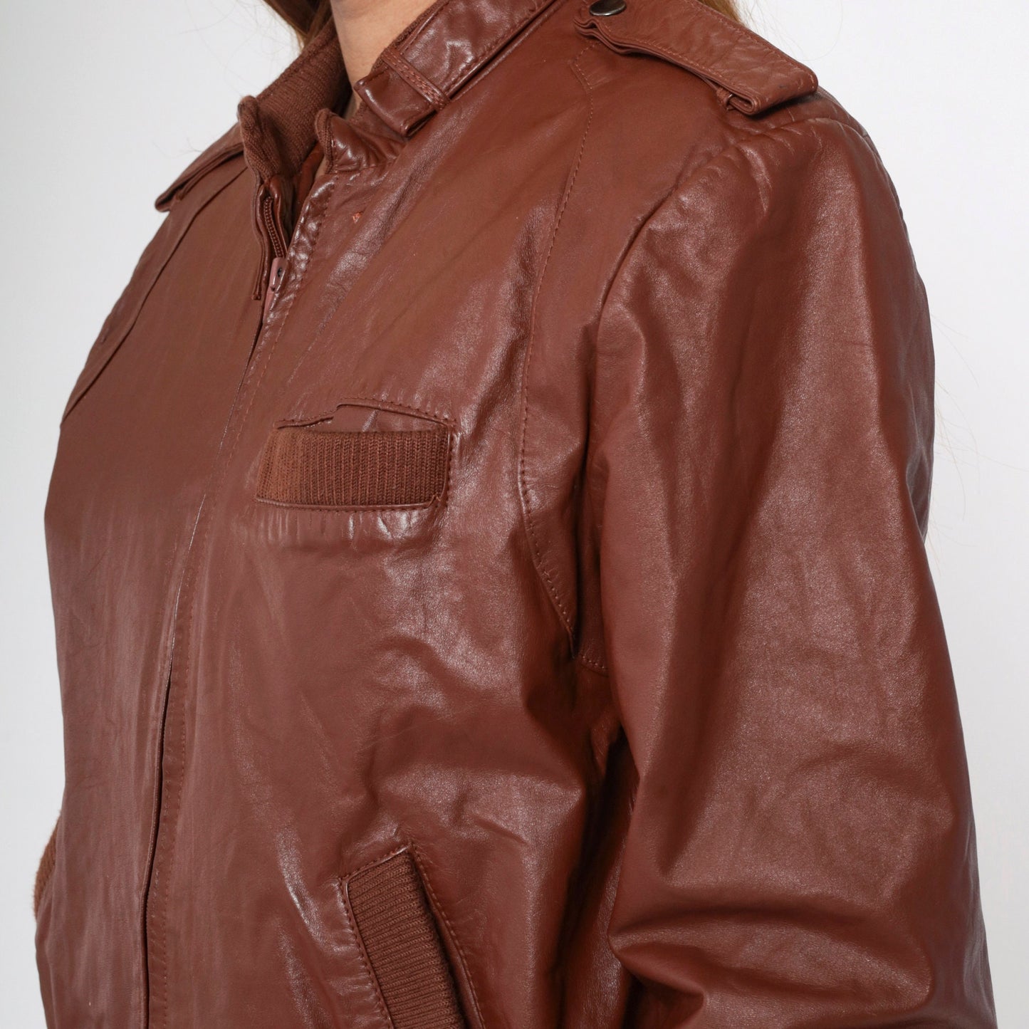 80s Brown Leather Bomber Jacket Moto Zip Shoulder Epaulette Men's Medium