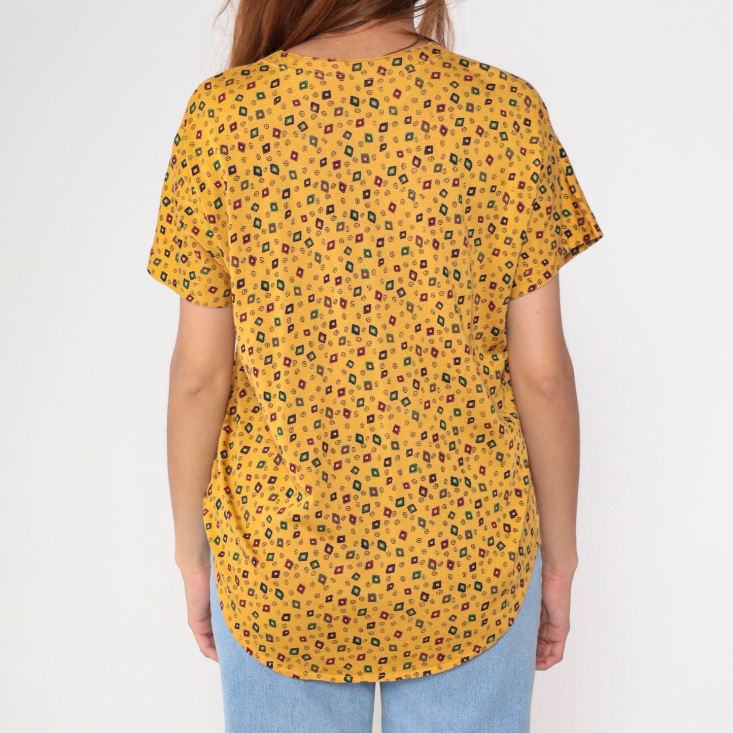 90s Yellow Geometric Diamond Print Button-Up Blouse Short Sleeve Medium