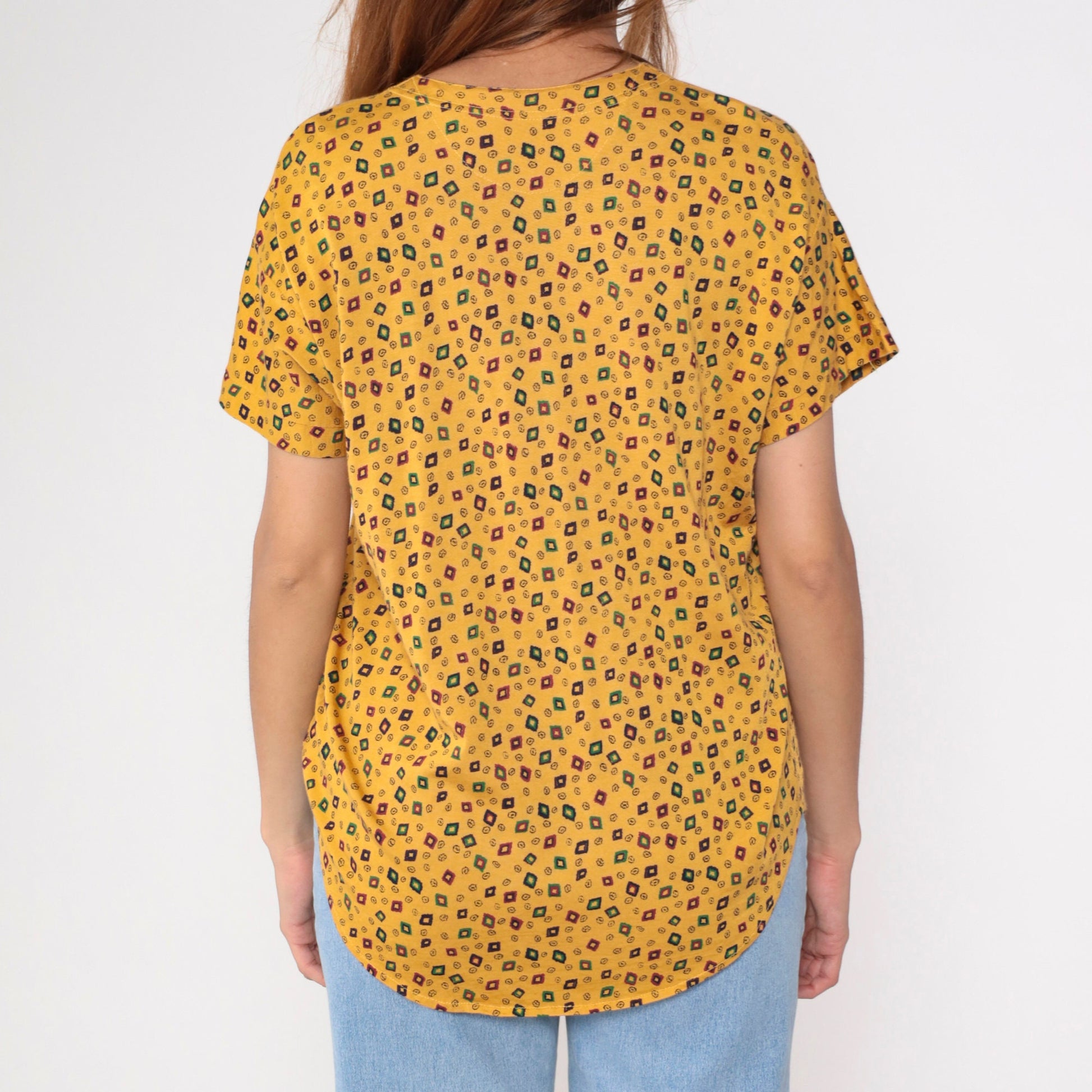 90s Yellow Geometric Diamond Print Button-Up Blouse Short Sleeve Medium