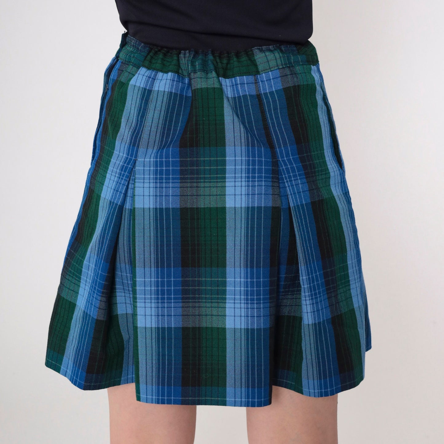 Y2K Plaid Mini Skirt High Waisted Pleated Blue Green Tartan Medium M
