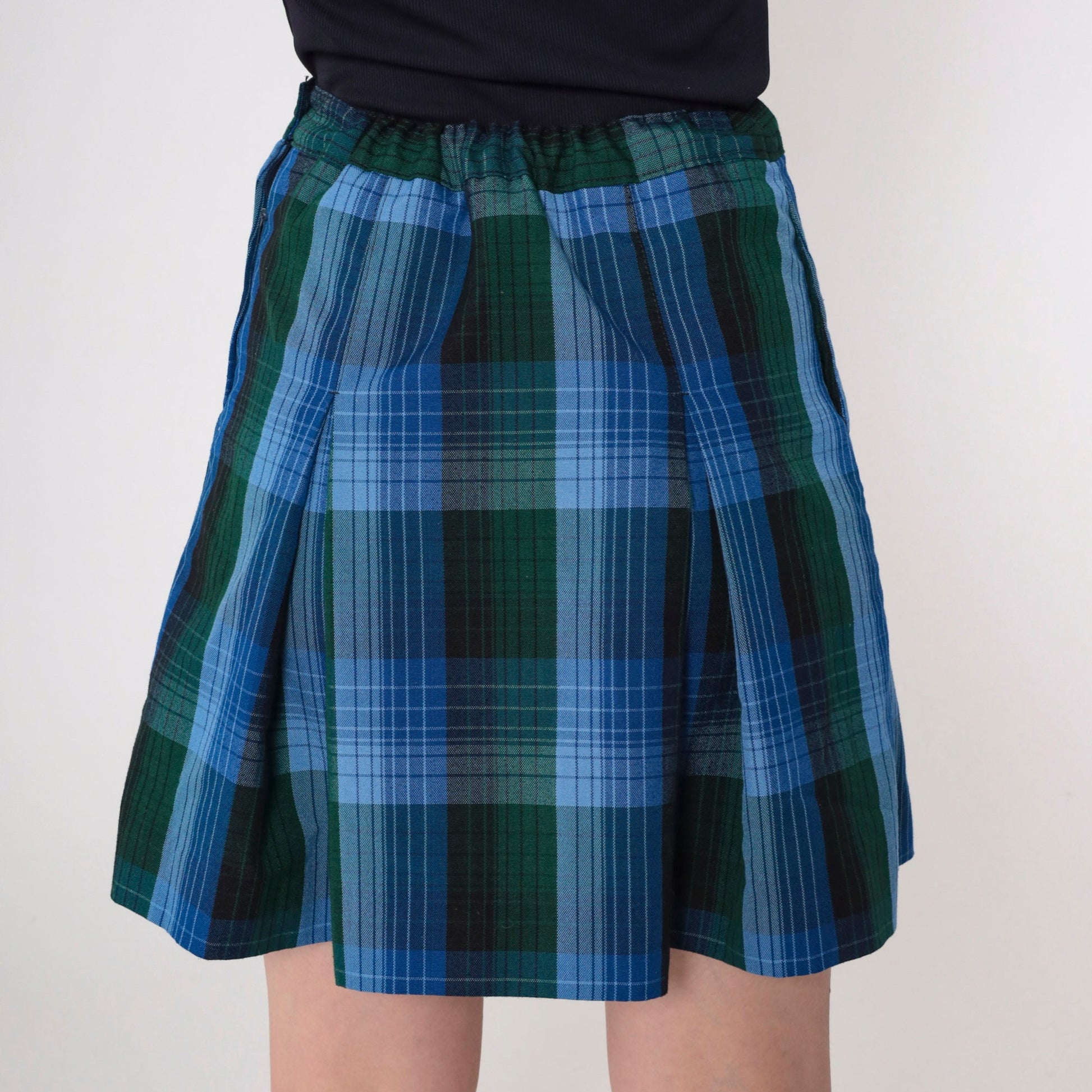 Y2K Plaid Mini Skirt High Waisted Pleated Blue Green Tartan Medium M