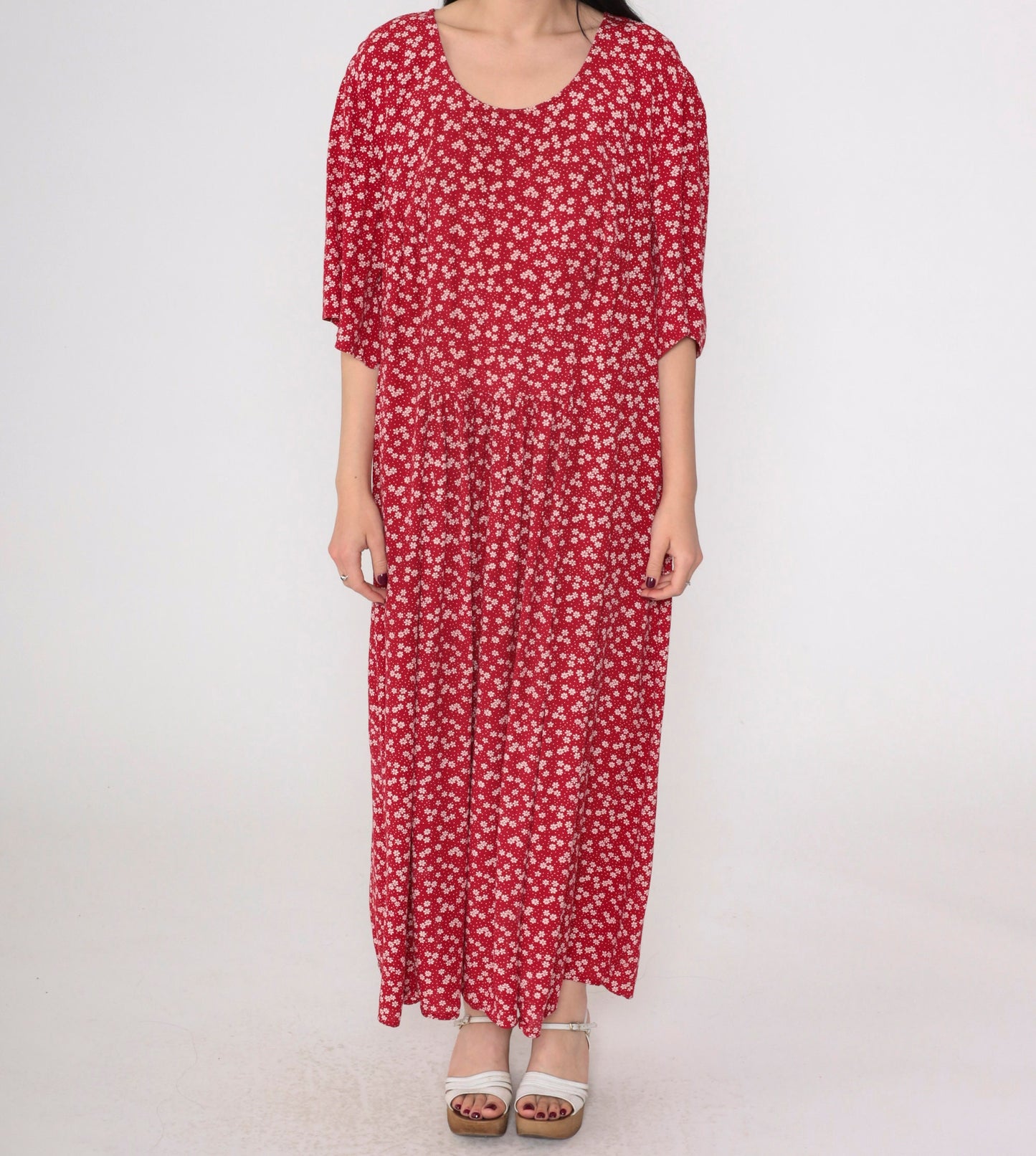 90s More Jazz Red Floral Maxi Dress Puff Sleeve Plus Size XXL