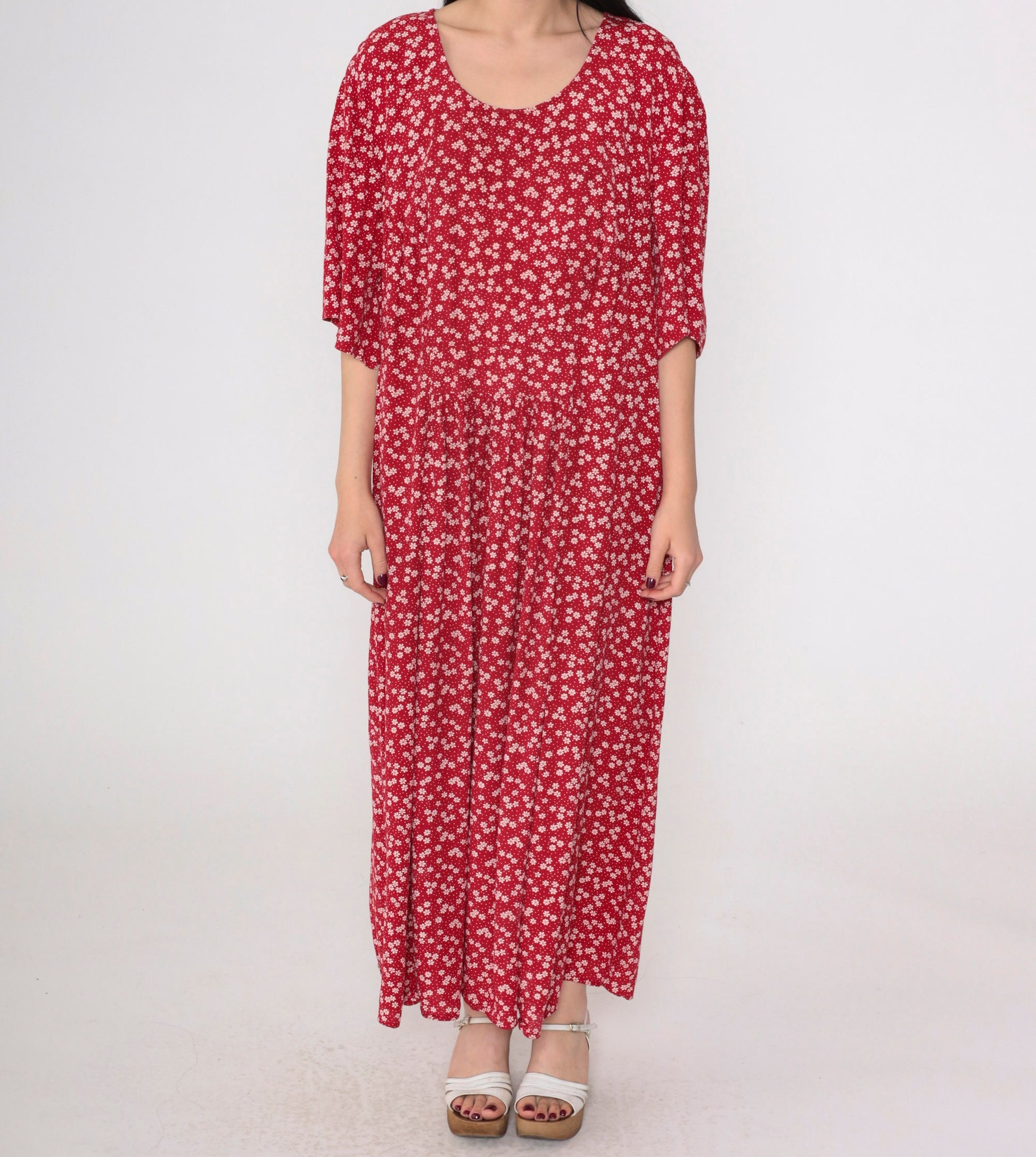 90s More Jazz Red Floral Maxi Dress Puff Sleeve Plus Size XXL