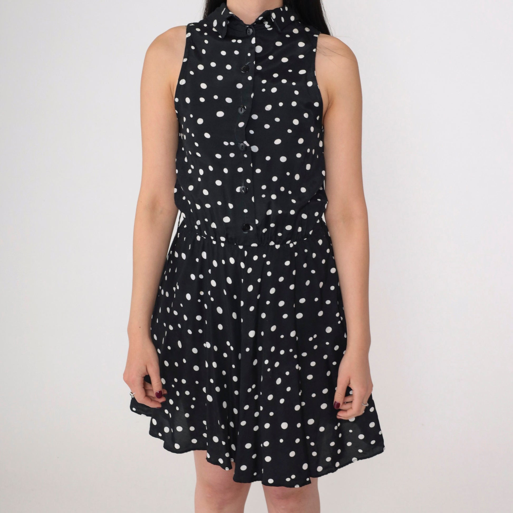 90s Ed Michaels Polka Dot Mini Dress Black White Collared Sleeveless Extra Small