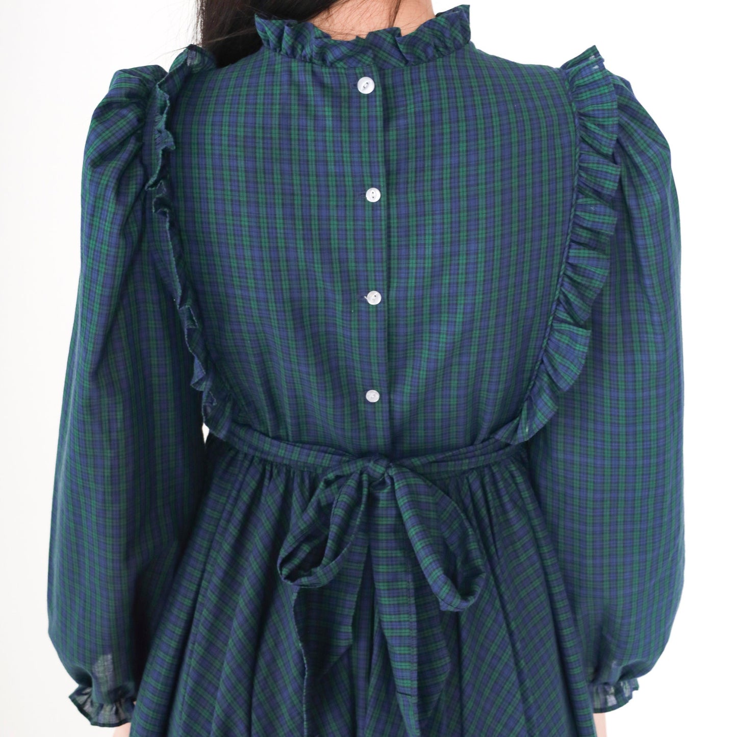 60s Plaid Mini Dress Puff Sleeve High Waisted Lace Trim Extra Small