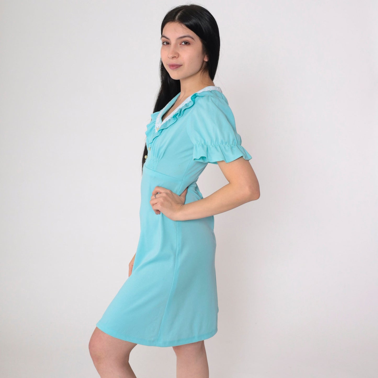 70s Blue Babydoll Mini Dress Empire Waist Puff Sleeve Lace Trim Small