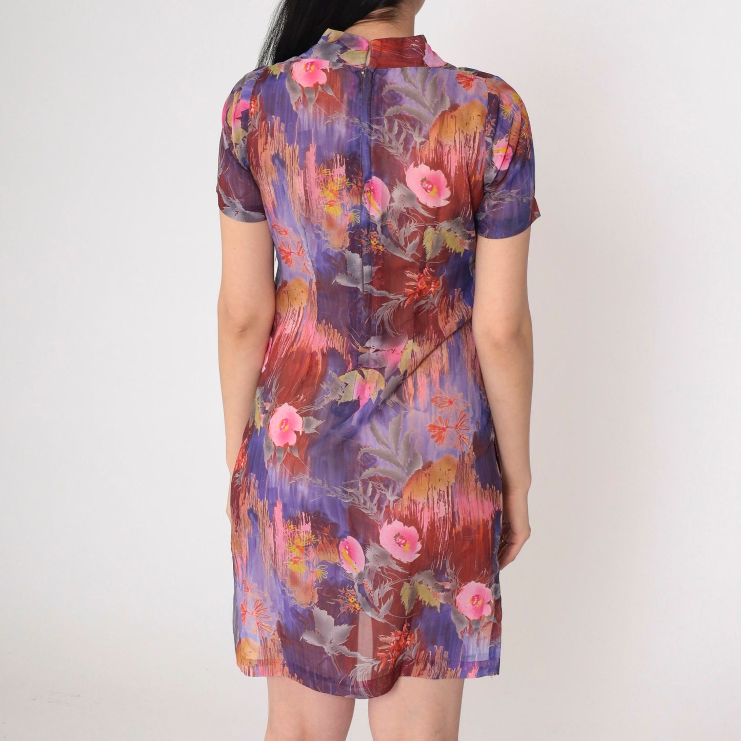 60s Floral Mini Dress Mod Psychedelic Print Purple Pink Cotton Short Sleeve XS