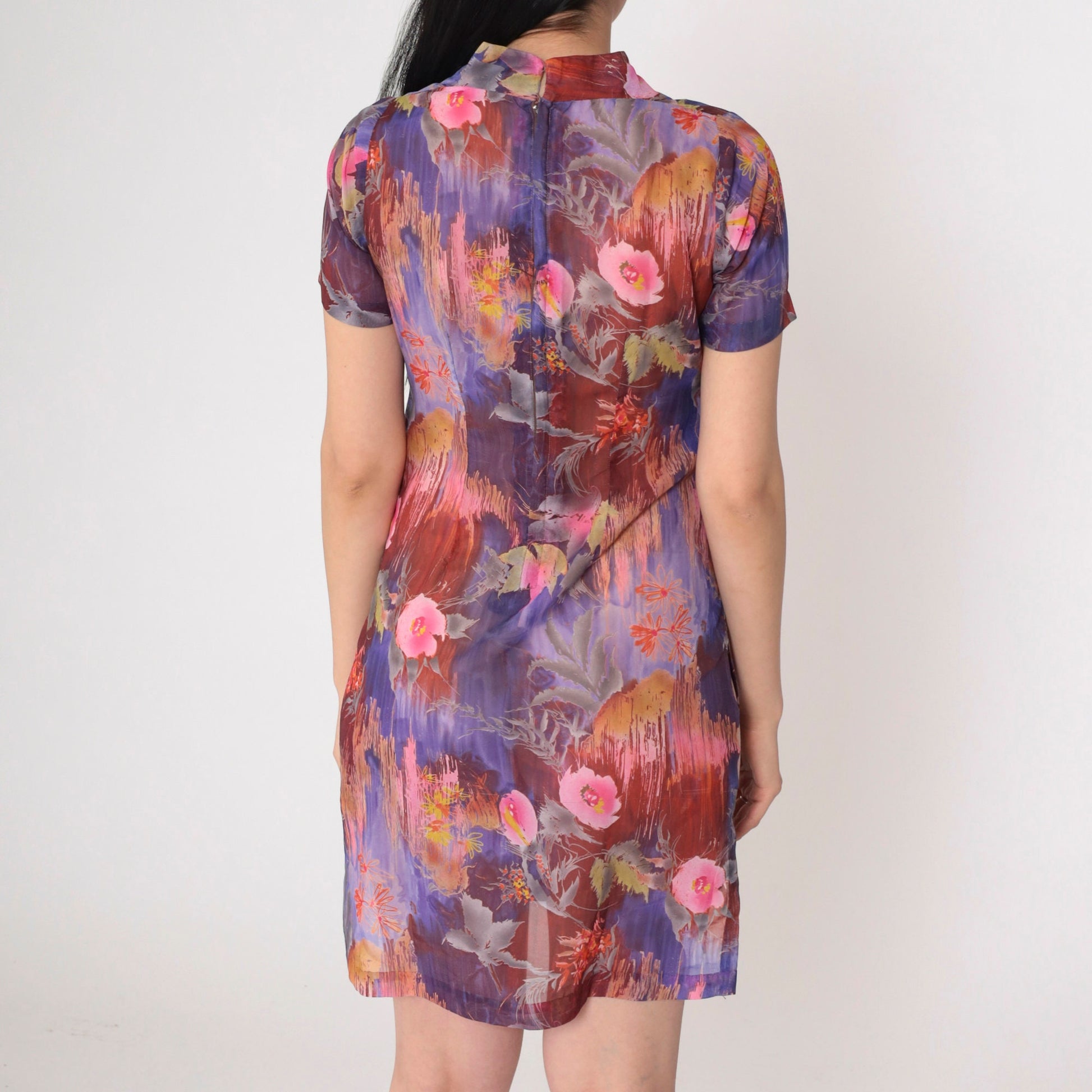60s Floral Mini Dress Mod Psychedelic Print Purple Pink Cotton Short Sleeve XS