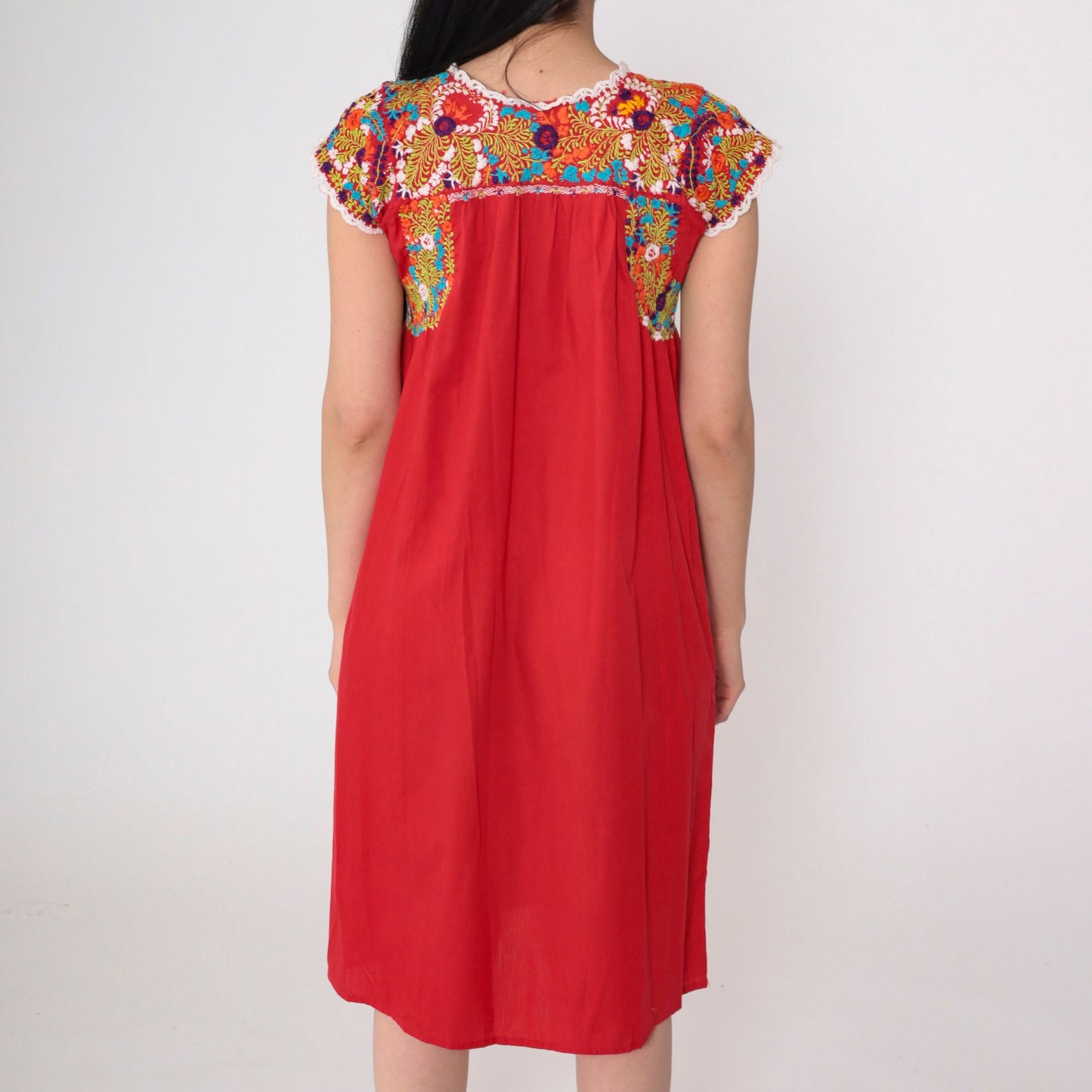 70s Oaxacan Embroidered Mini Dress Red Floral Cotton Cap Sleeve Small
