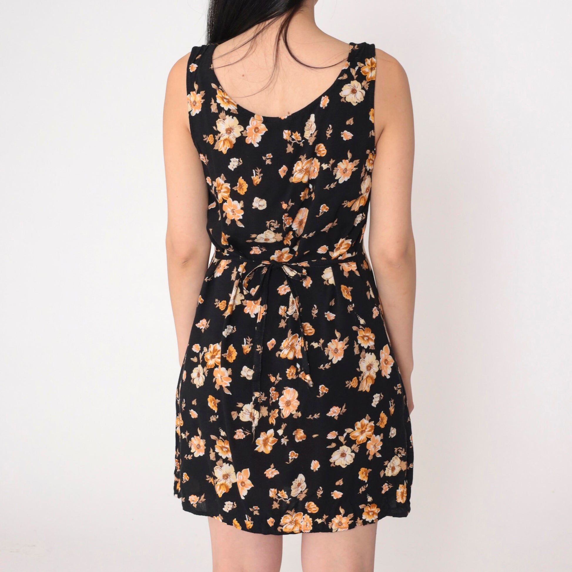 90s Black Floral Mini Dress Sleeveless Tie-Back Sundress Small S