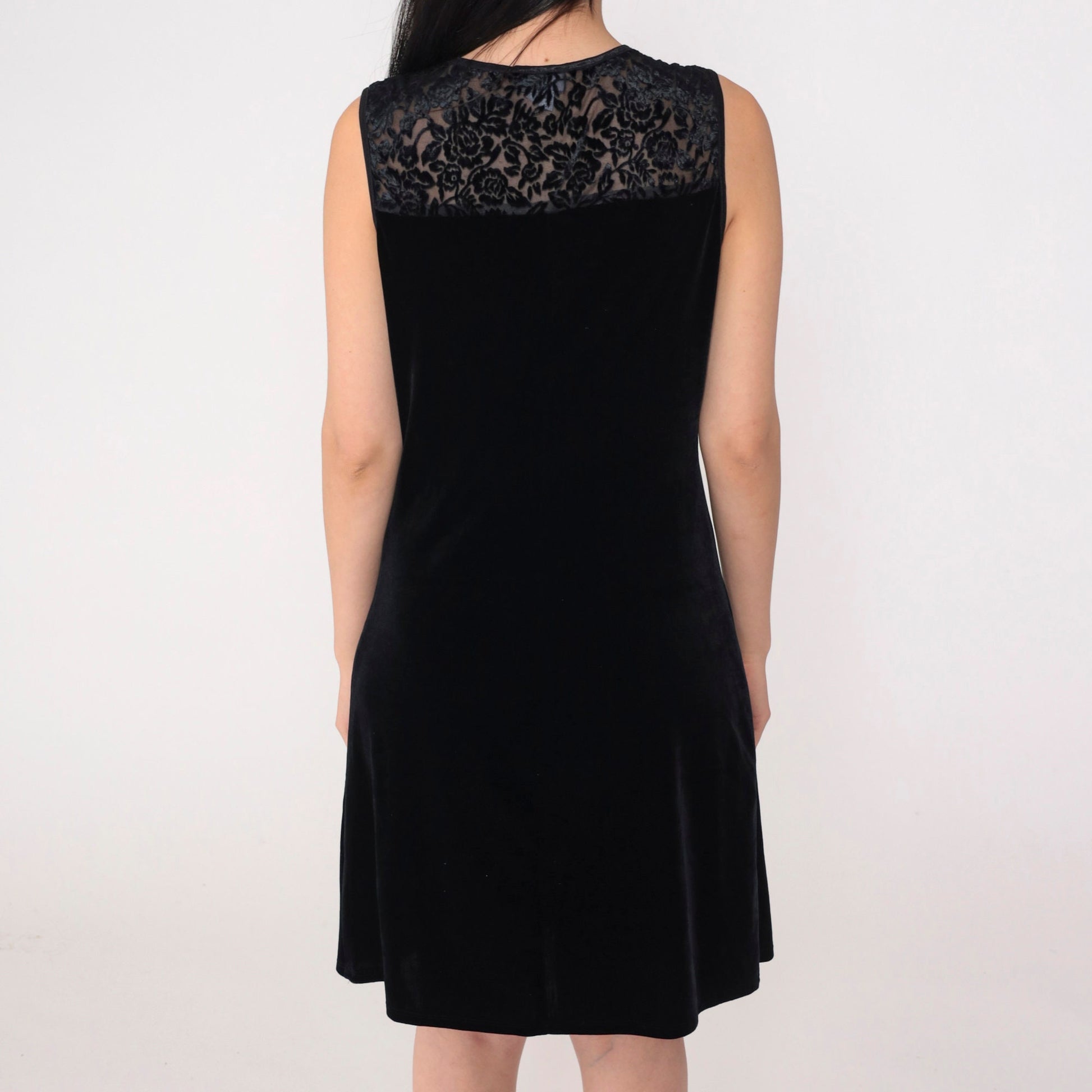 00s Black Velvet Mini Dress Y2K Floral Burnout Sleeveless Shift Large L