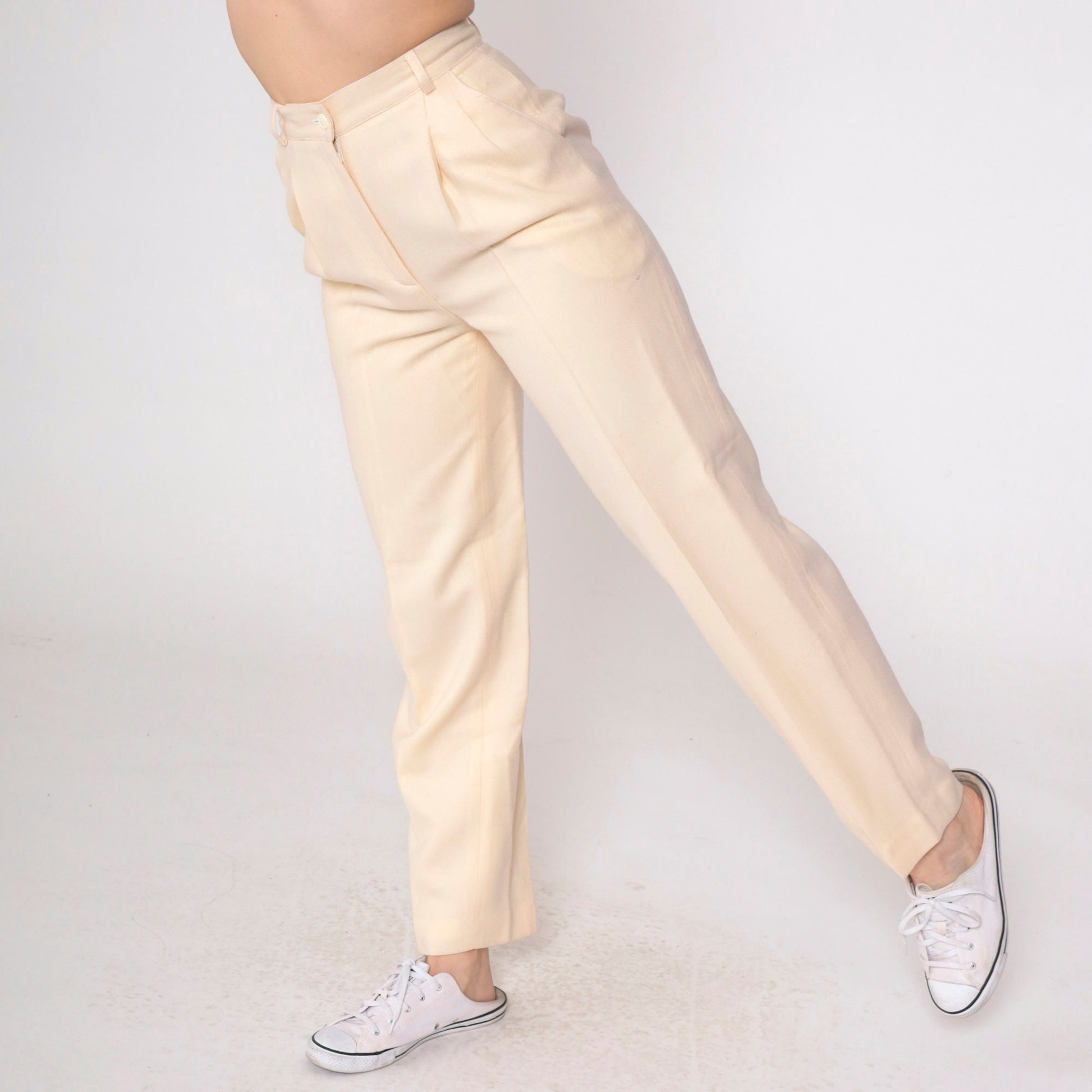 80s Jennifer Moore Cream Wool Pleated Trousers High Waisted Tapered Extra Small