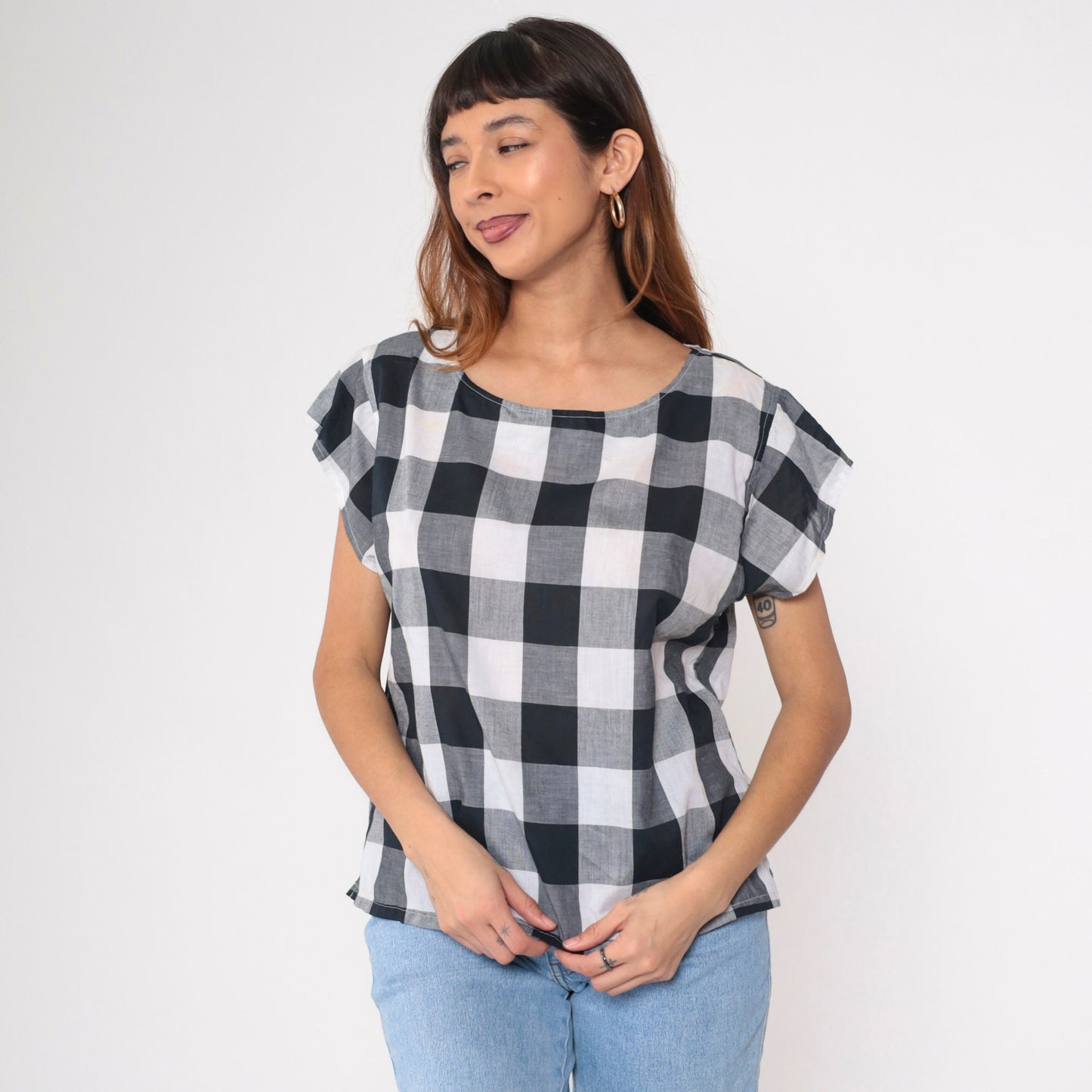 80s Buffalo Plaid Blouse Black White Checkered Cap Sleeve Scoop Neck Large