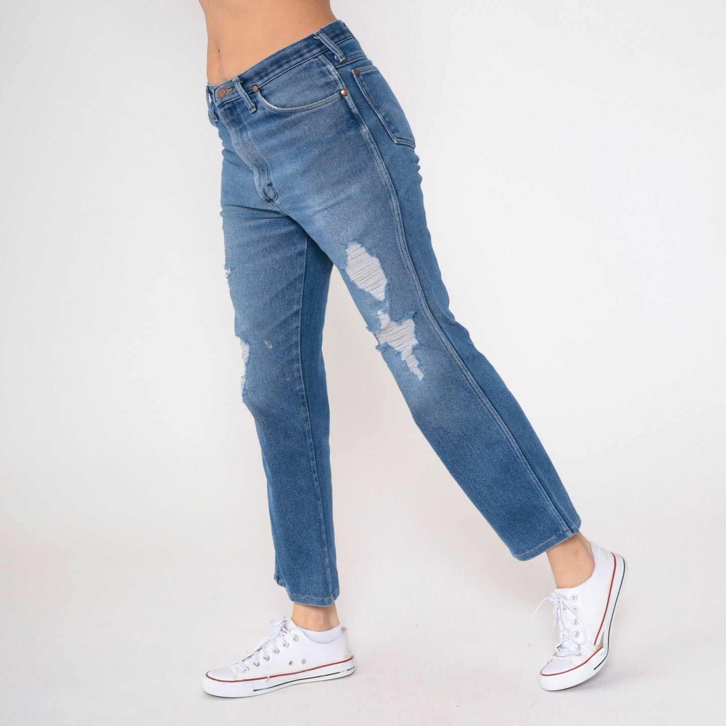 80s Wrangler High Waist Bootcut Jeans Distressed Blue Denim Men's 34