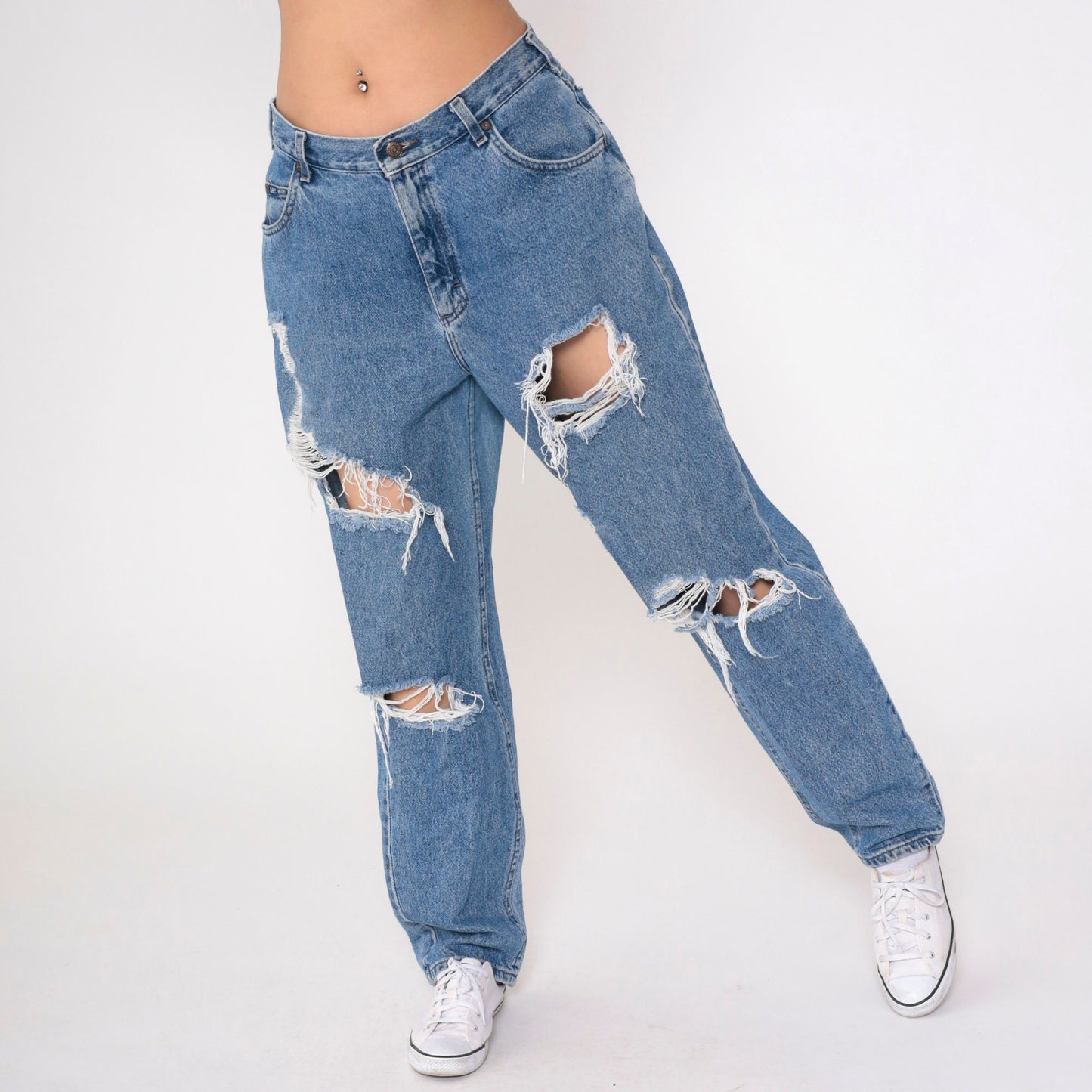 90s Lee Ripped Blue Denim High Rise Straight Leg Jeans 32