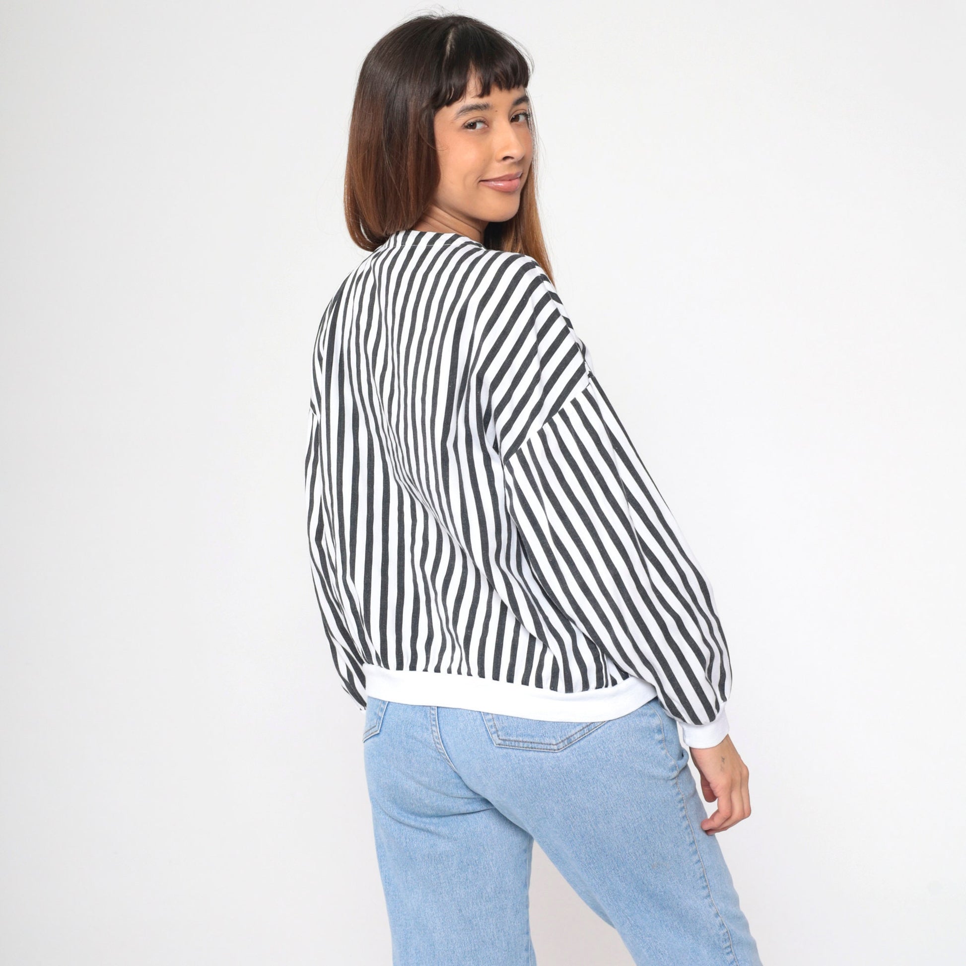 80s Black White Striped Cotton Shacket Hidden Snap Jacket Medium