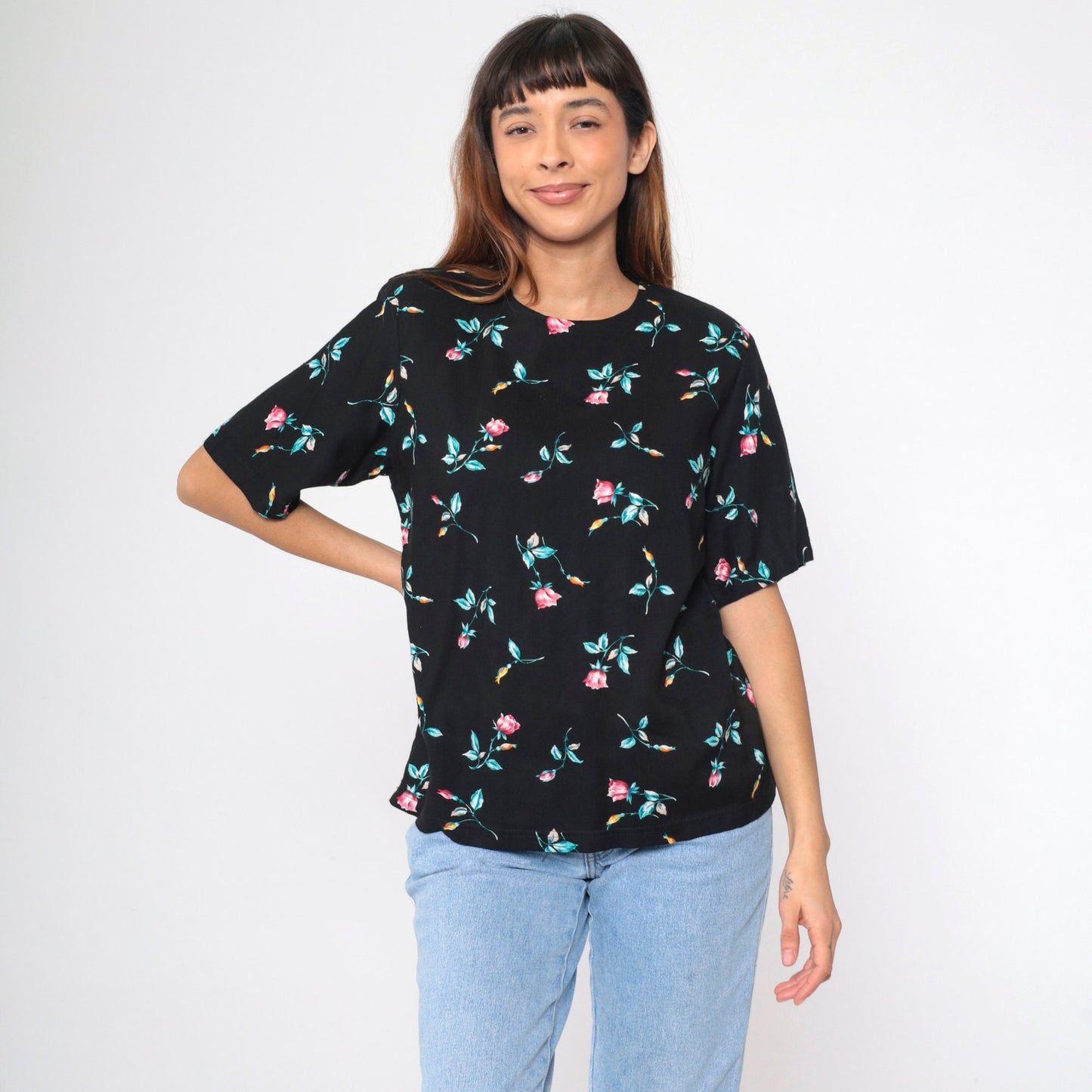 90s Black Floral Rayon Blouse Short Sleeve Rose Print Shirt Medium