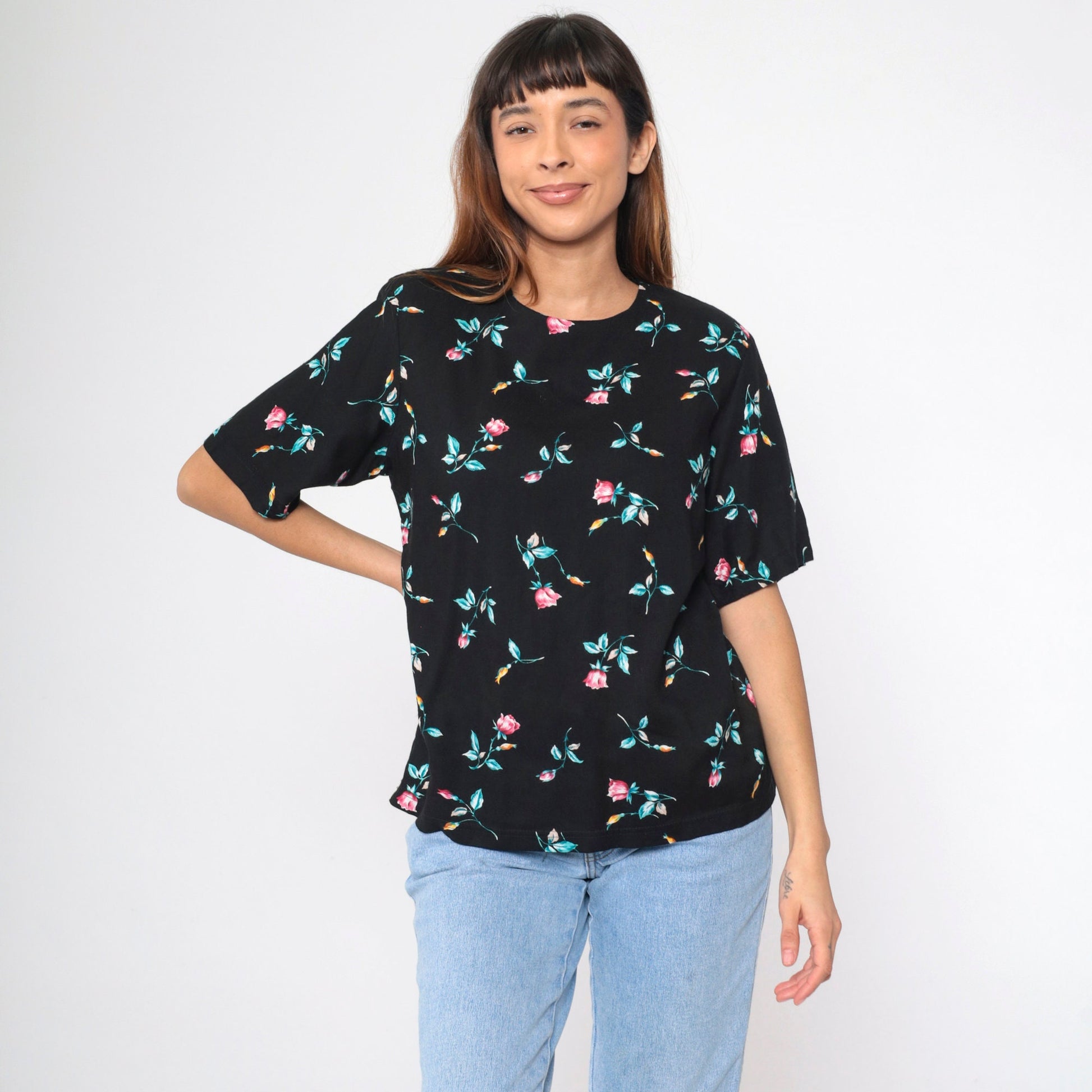 90s Black Floral Rayon Blouse Short Sleeve Rose Print Shirt Medium