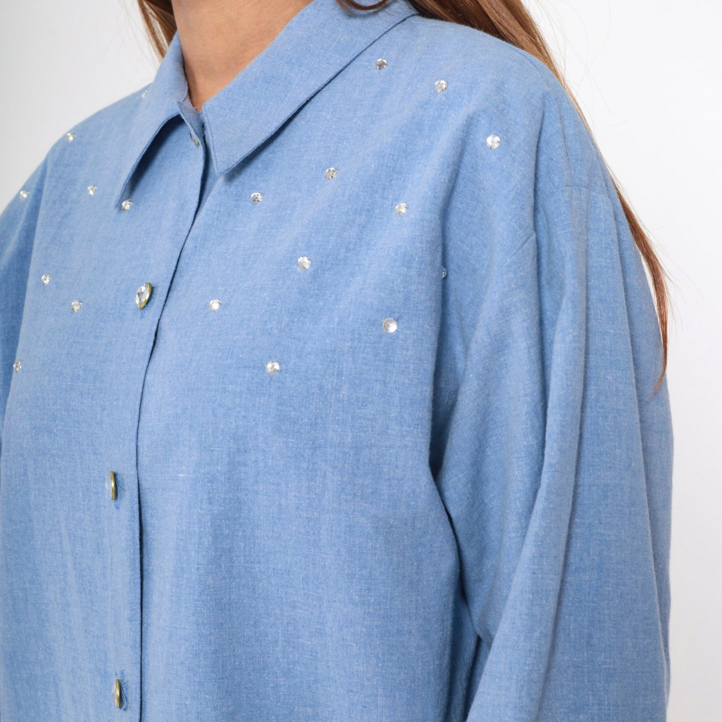90s Blue Chambray Blouse Rhinestone Studs Long Sleeve Collared Shirt Large