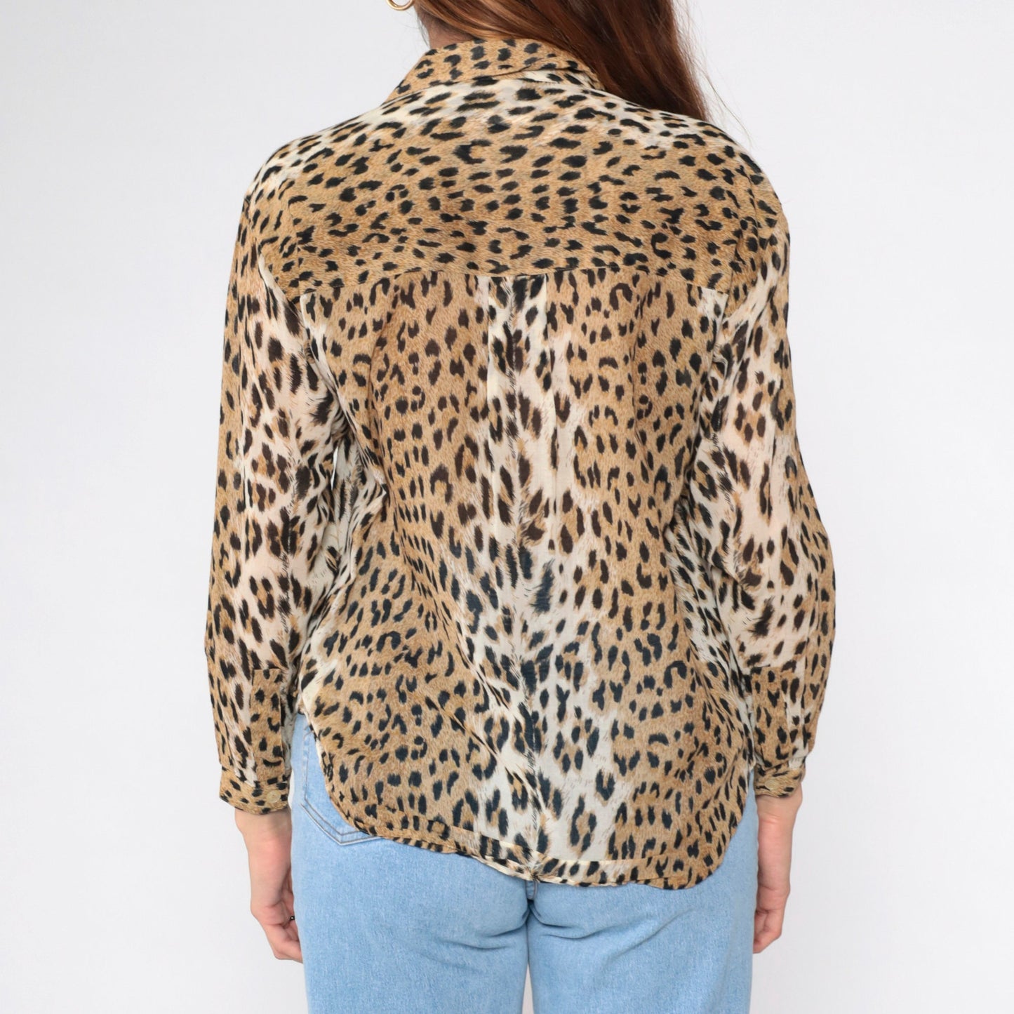 90s Liz Sport Leopard Print Button Up Blouse Long Sleeve Cotton Small Petite