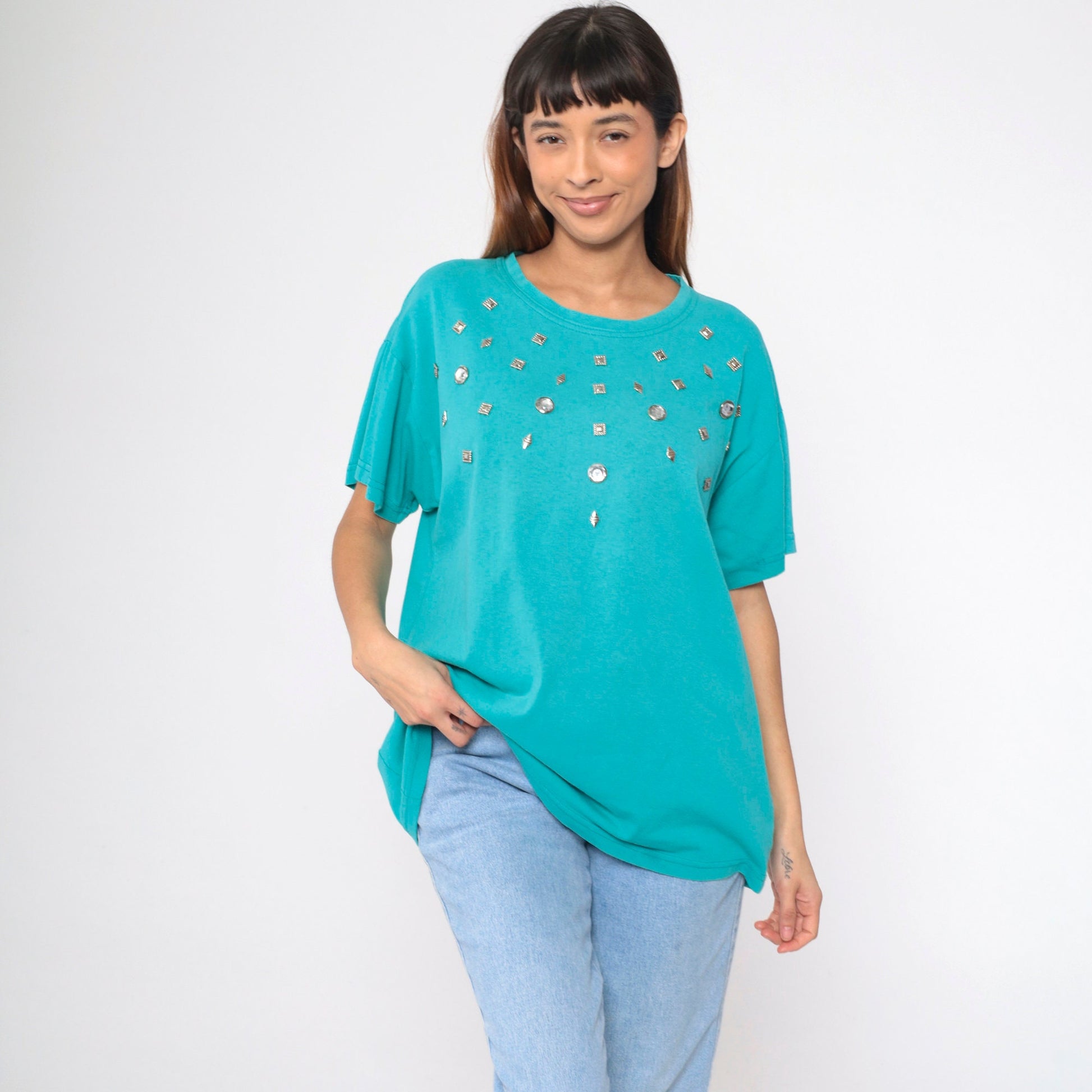 90s Turquoise Studded T-Shirt Silver Rhinestone Embellished Cotton Large L